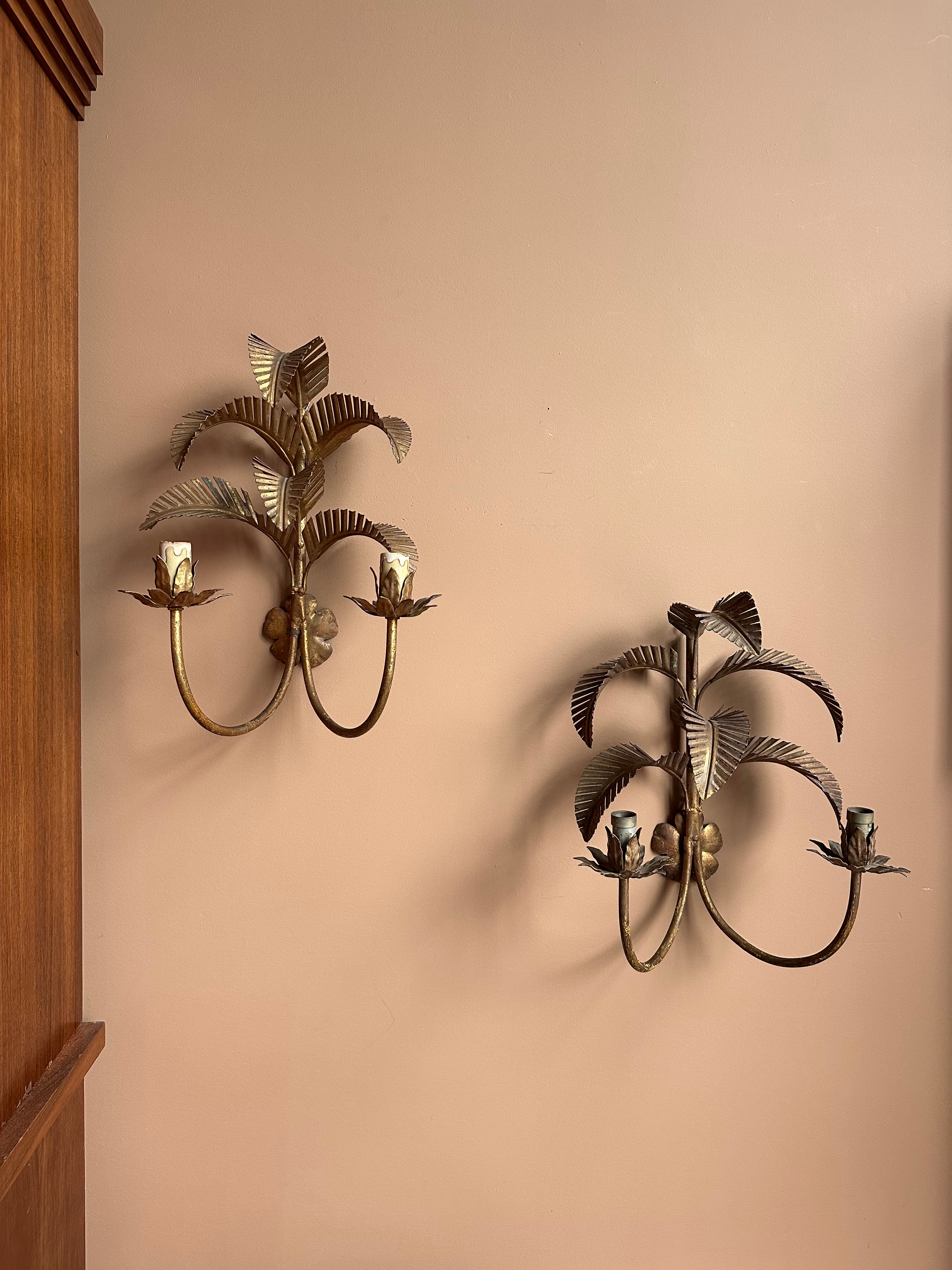 Gilt Tole Palm Motif Wall Sconce