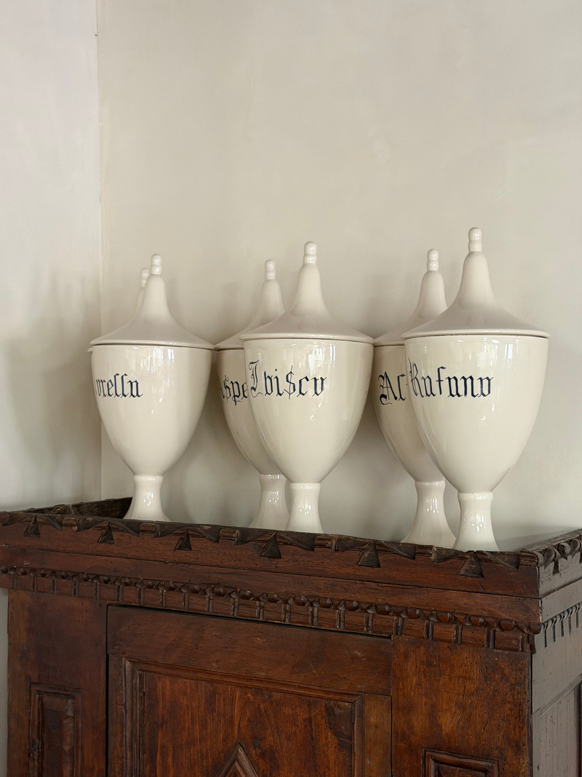Set of 6 Antique Italian Ceramic Apothecary Jars