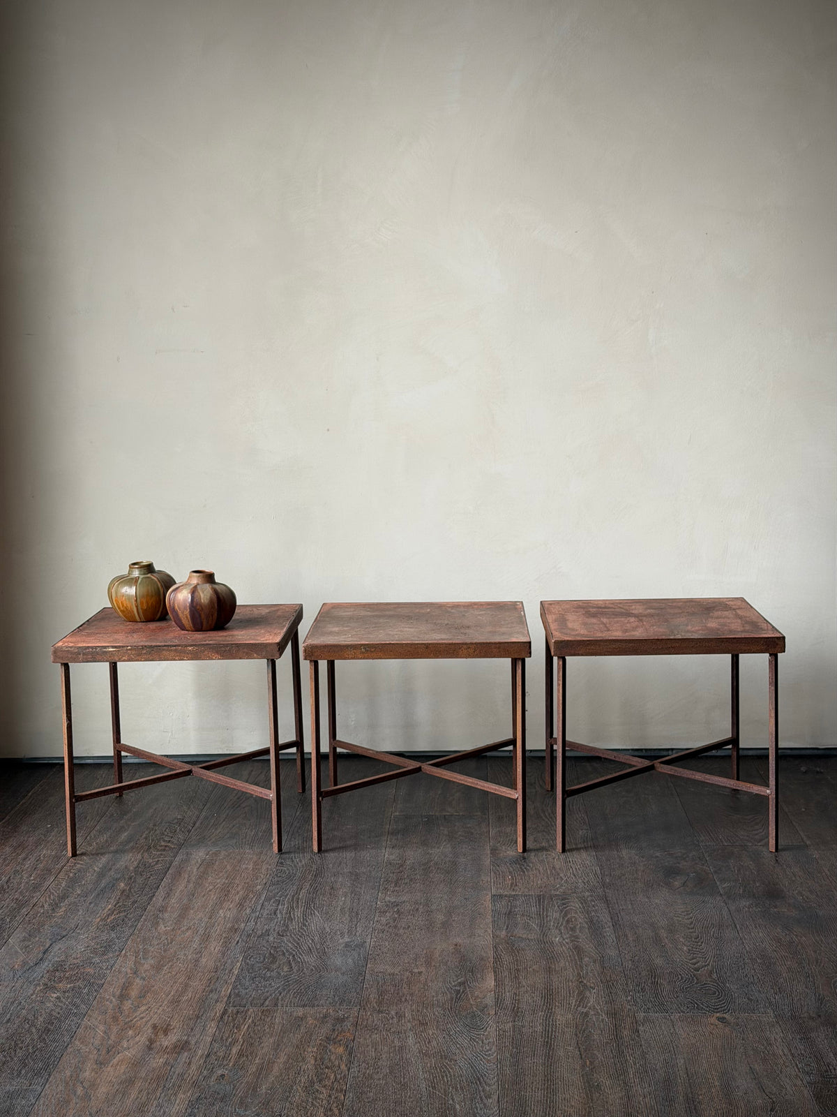 Set of Three Vintage Red Metal Side Tables