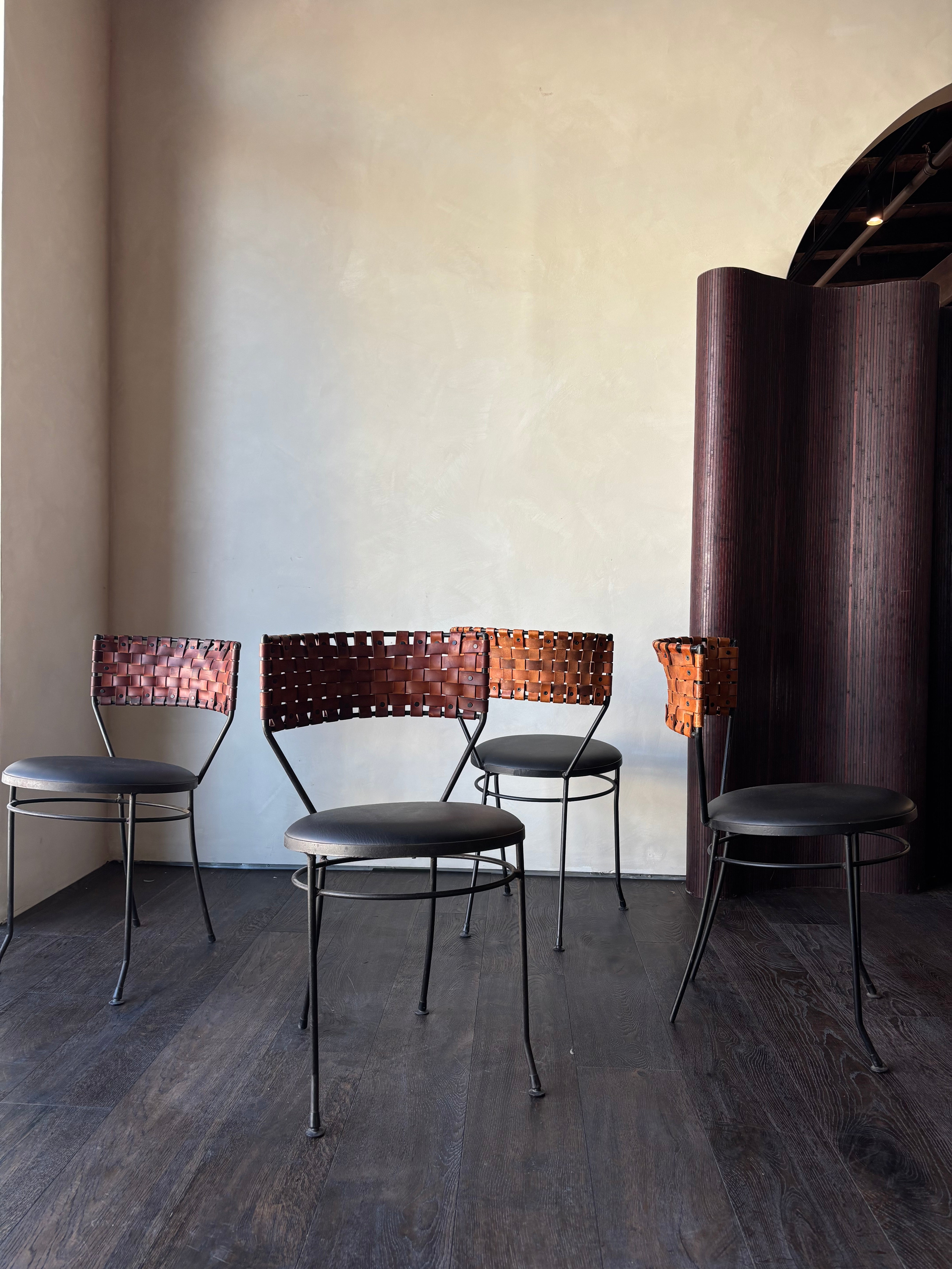 Vintage Leather Woven Black Chairs, Set of 4