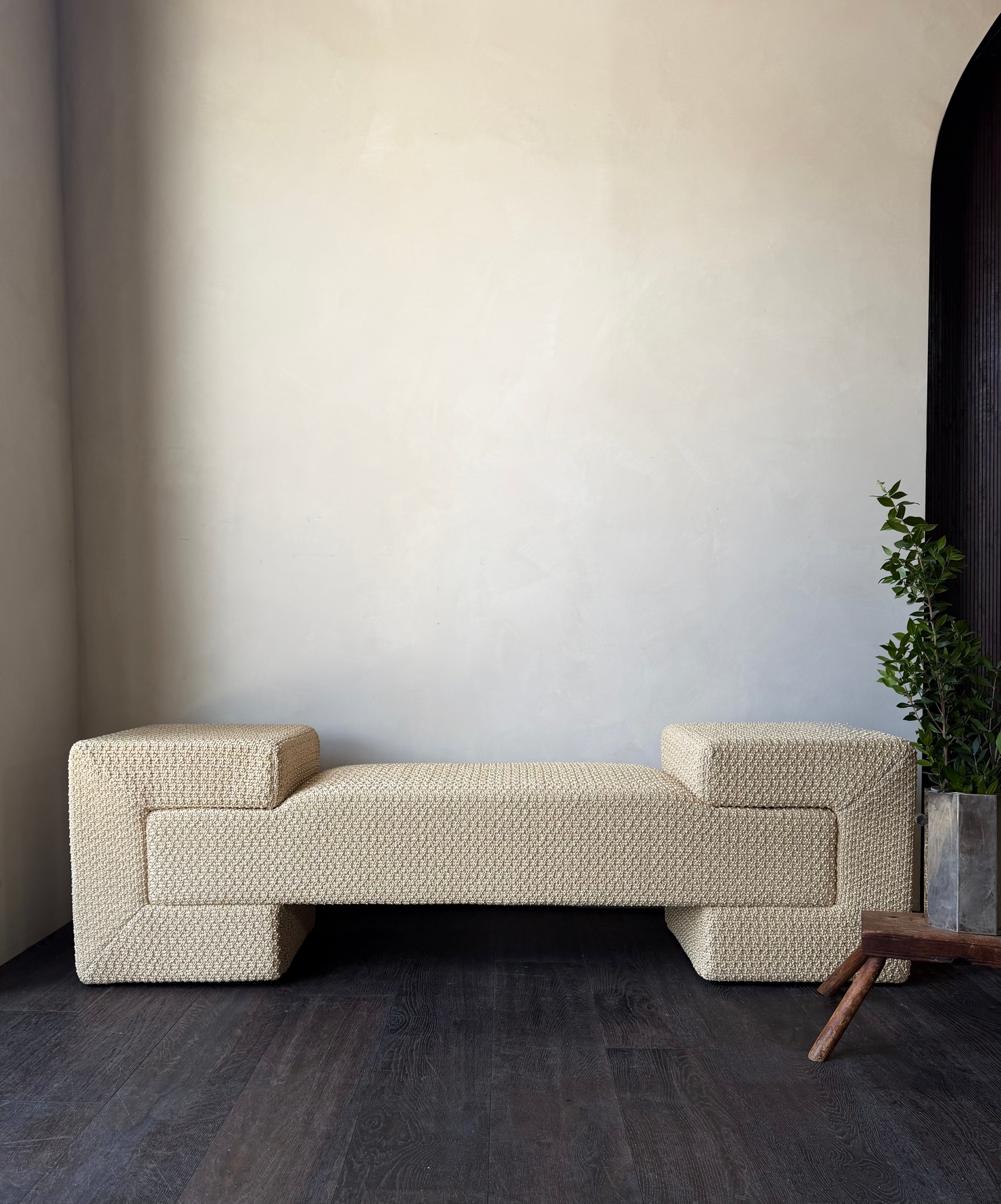 Long Raffia Upholstered Bench