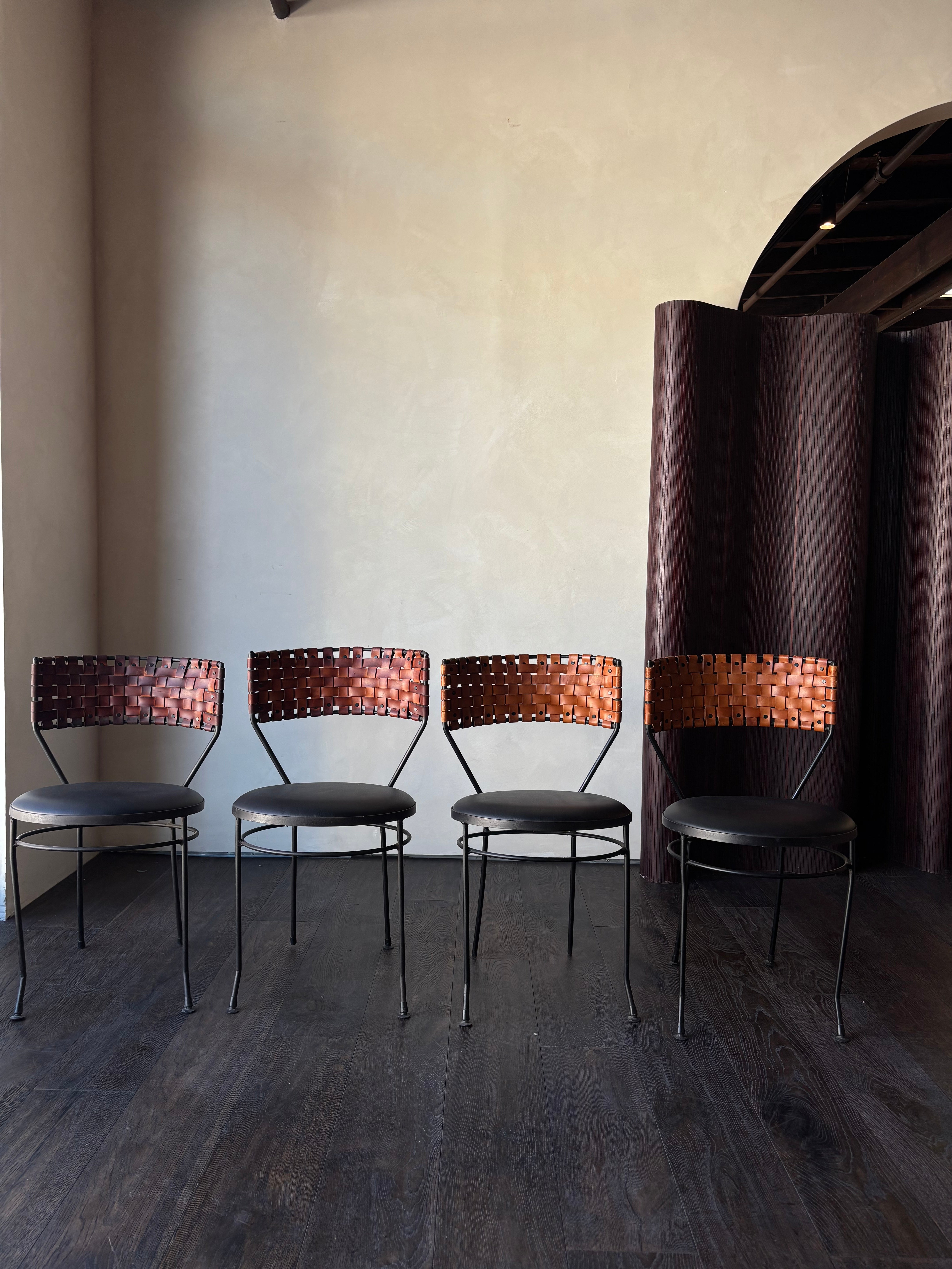 Vintage Leather Woven Black Chairs, Set of 4