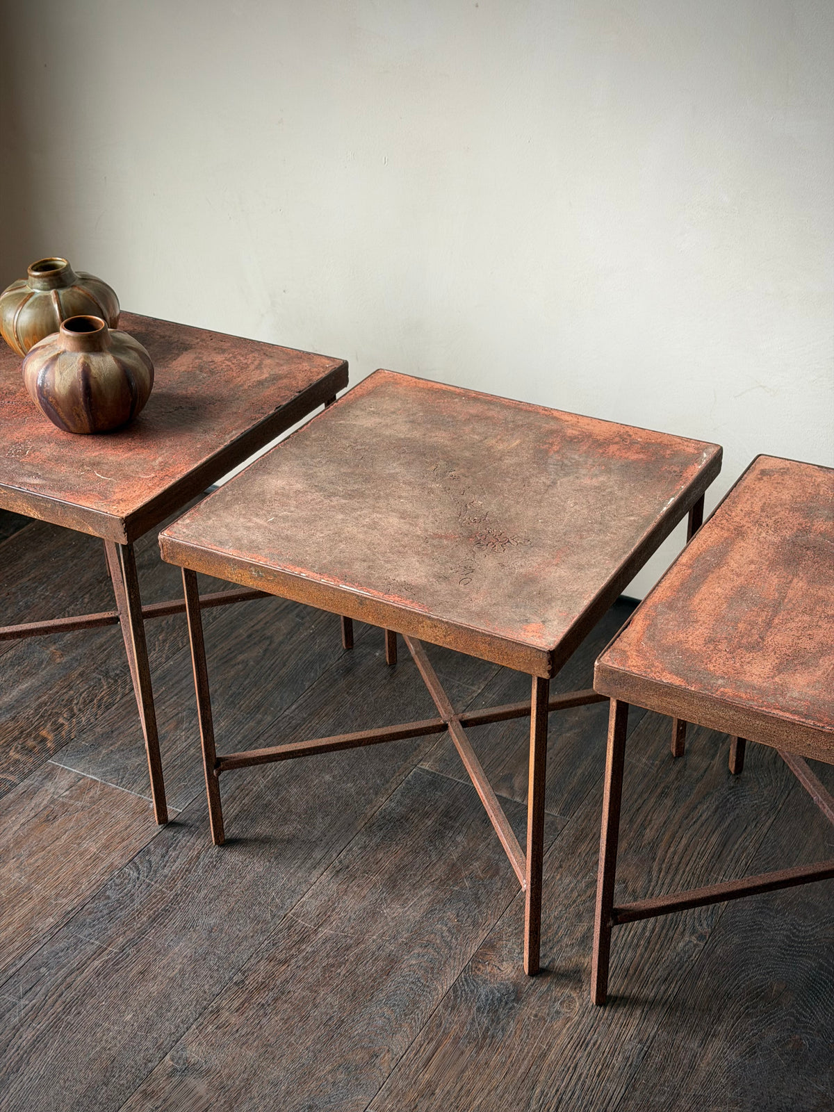 Set of Three Vintage Red Metal Side Tables