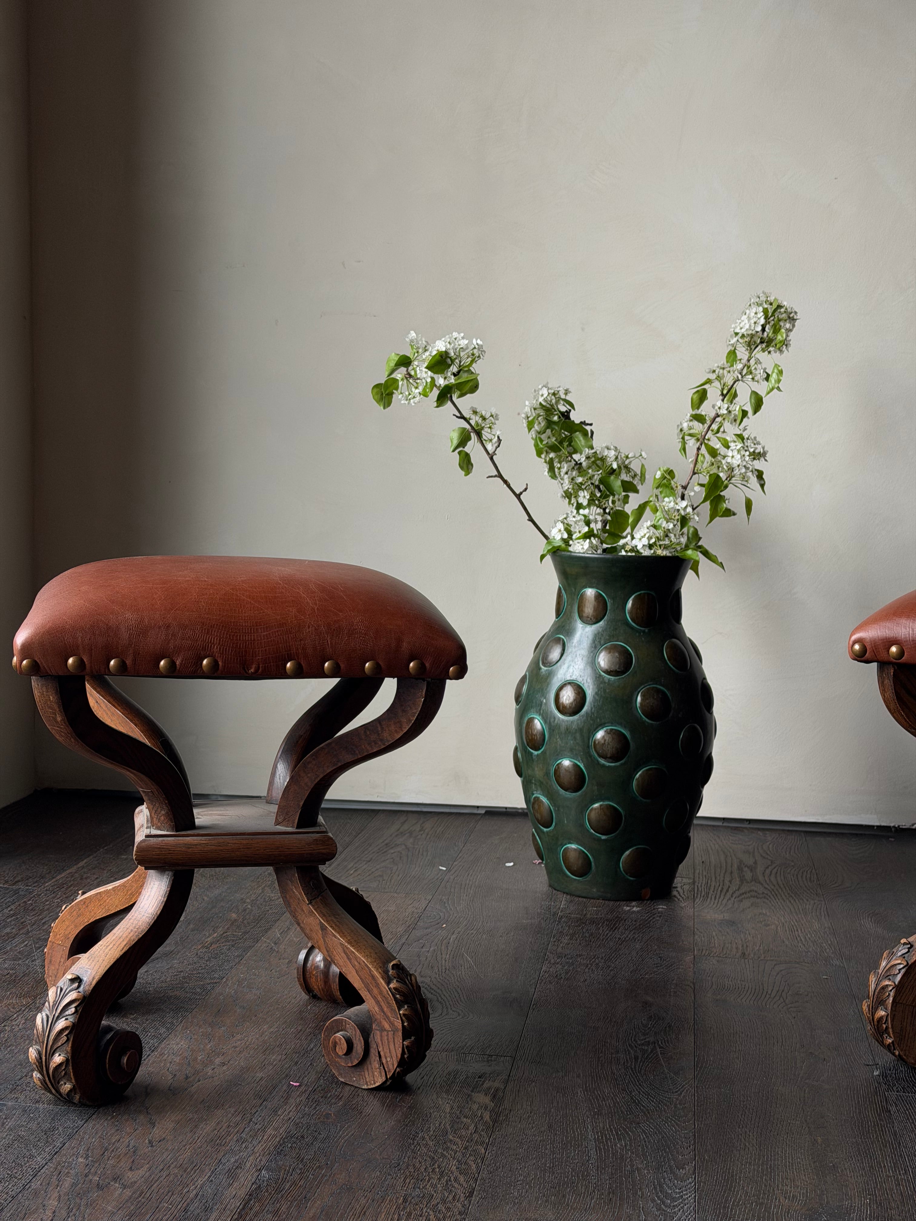 19th Century Carved Wood Stools, Pair