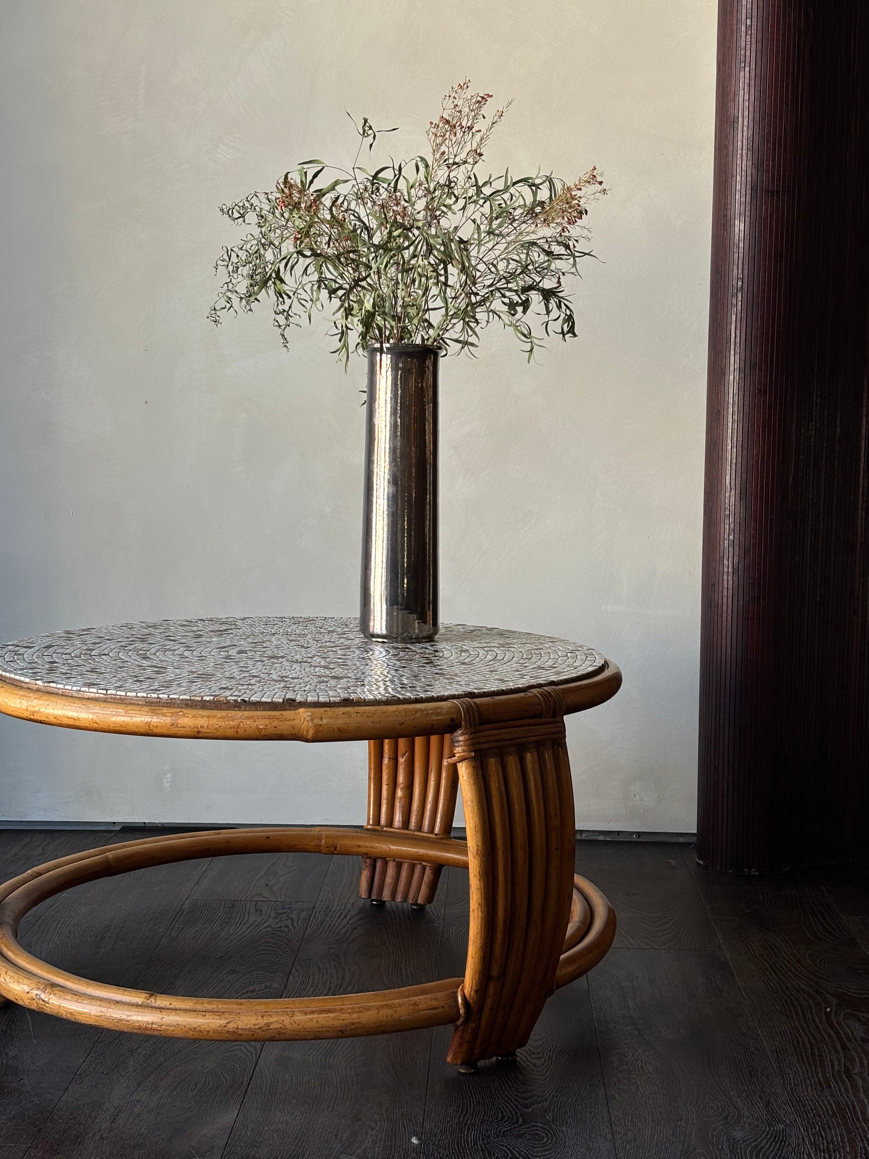 Round Rattan Coffee Table with Mosaic Tile Top