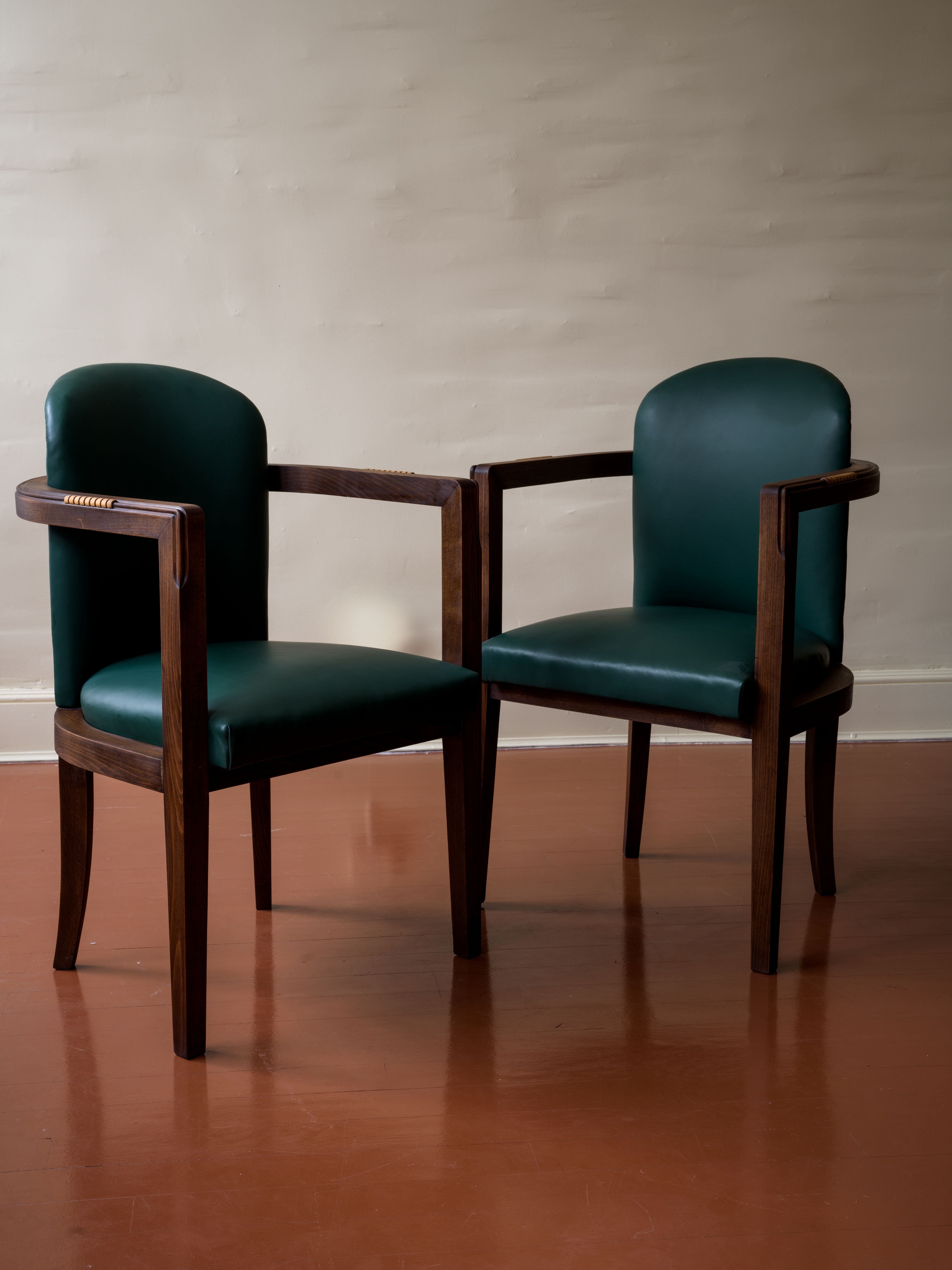Art Deco Leather and Oak Armchairs, Pair