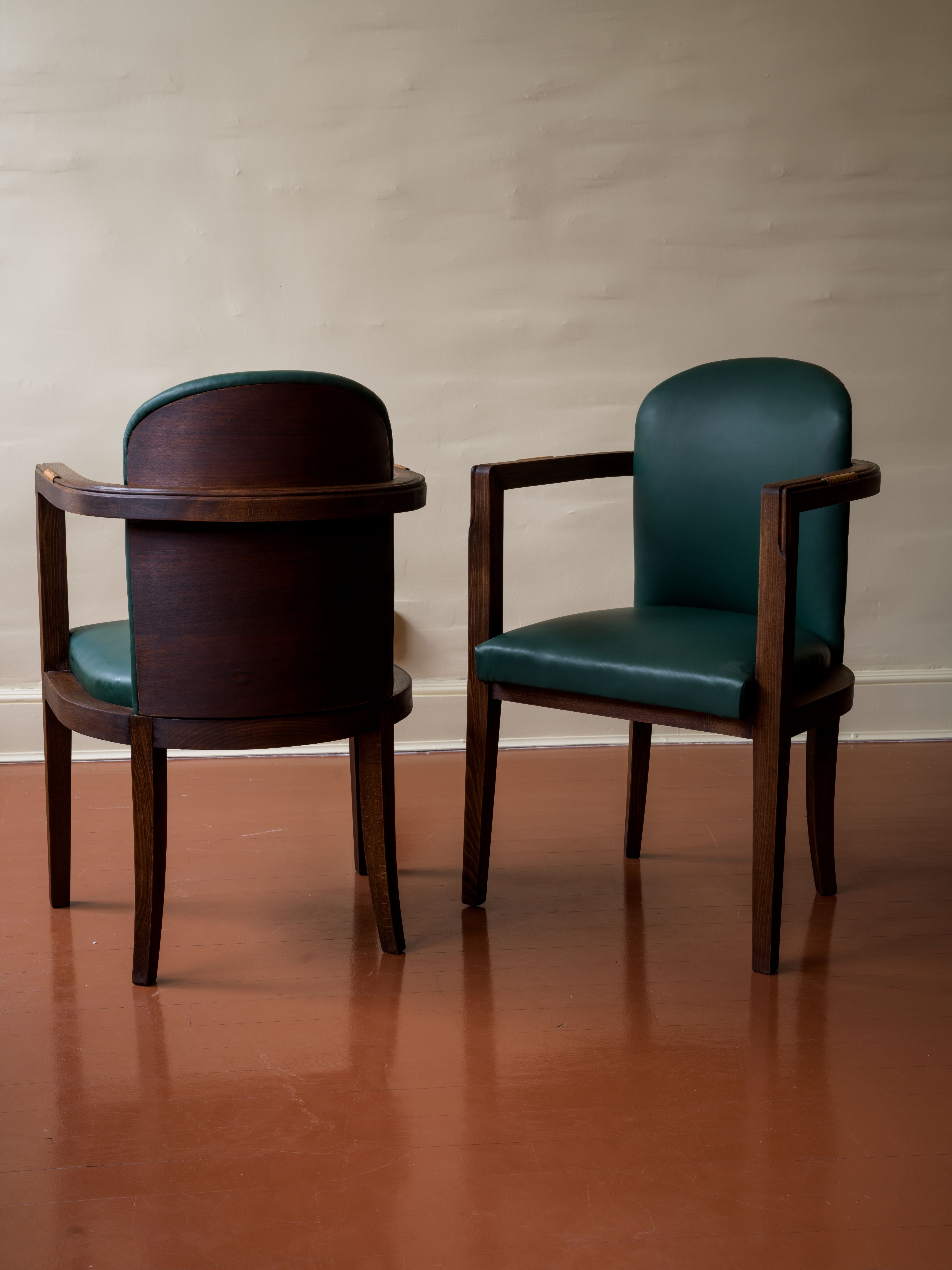Art Deco Leather and Oak Armchairs, Pair