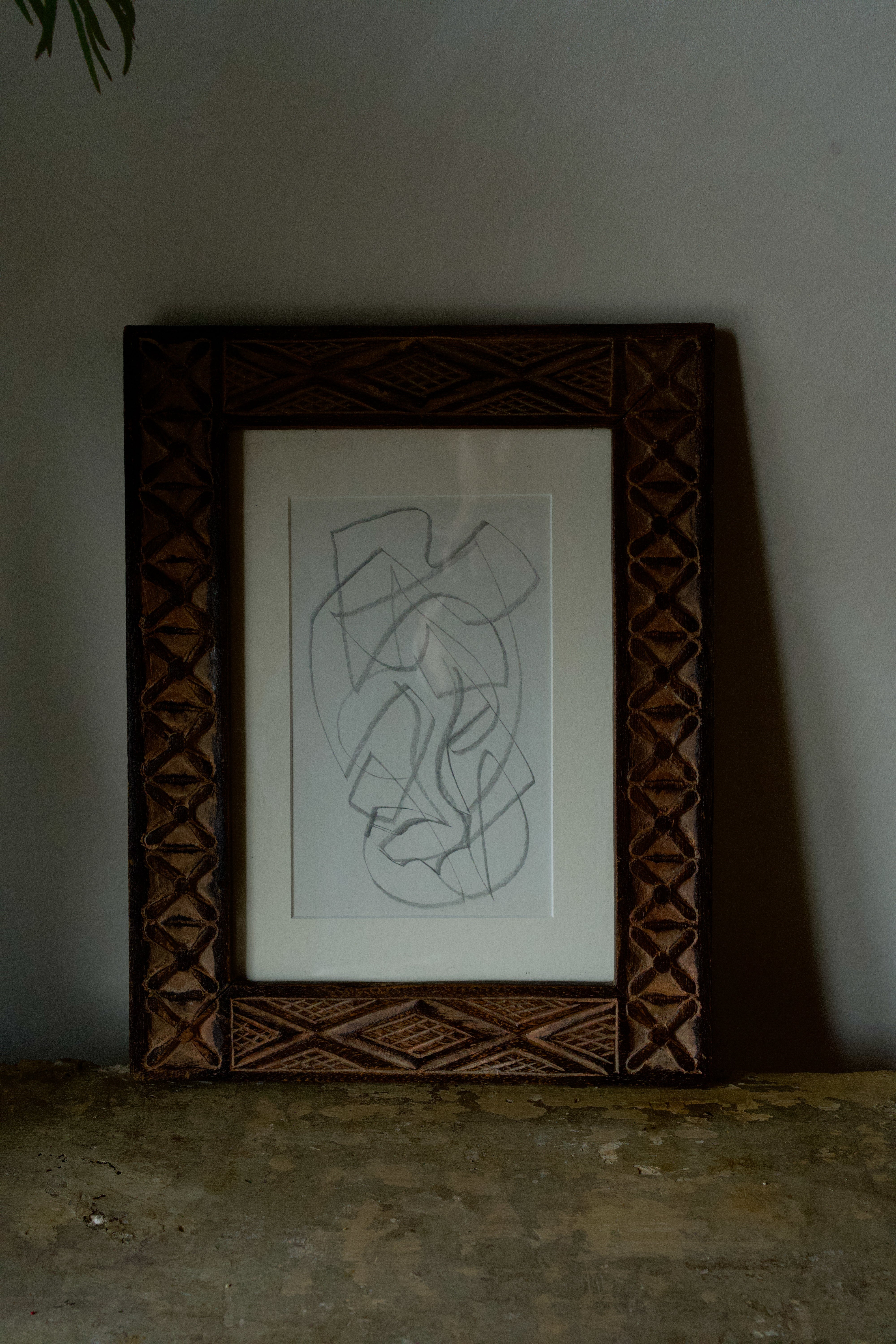 Carved Wood Frame with Abstract Drawing