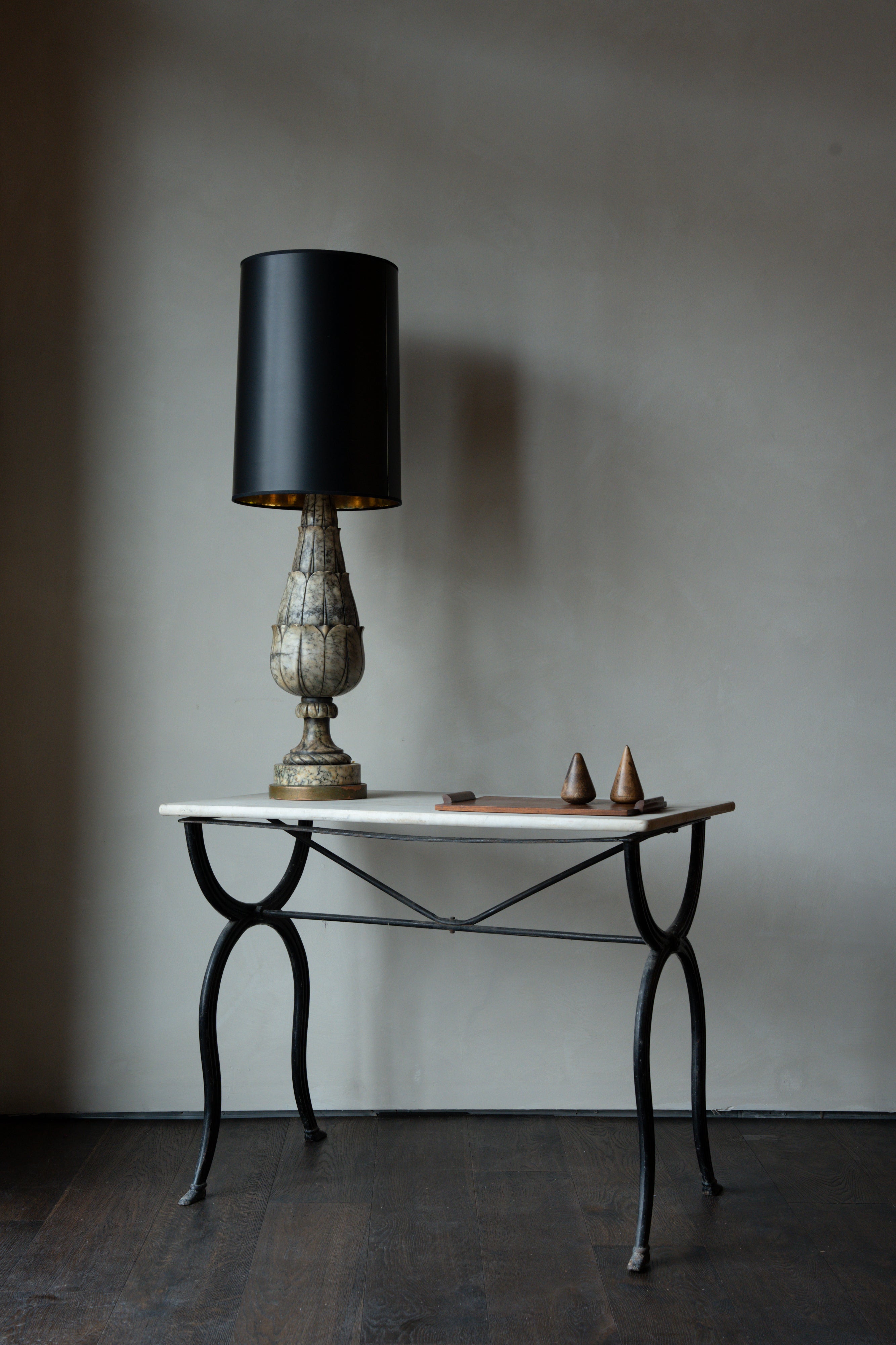 Carved Marble Table Lamp with Black Shade c1920