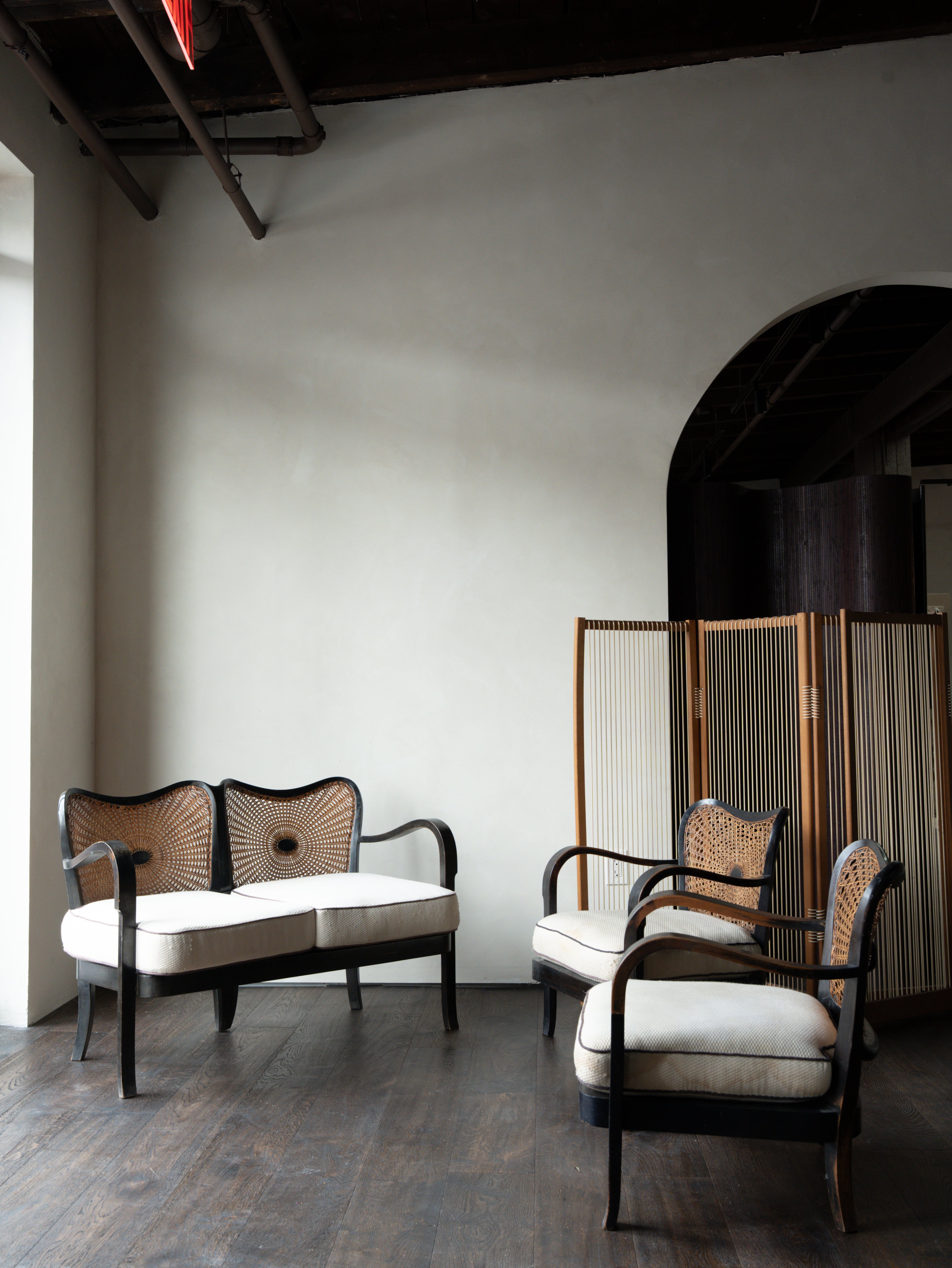 Rare Early 20thc Hand-Caned Chair and Sofa Set