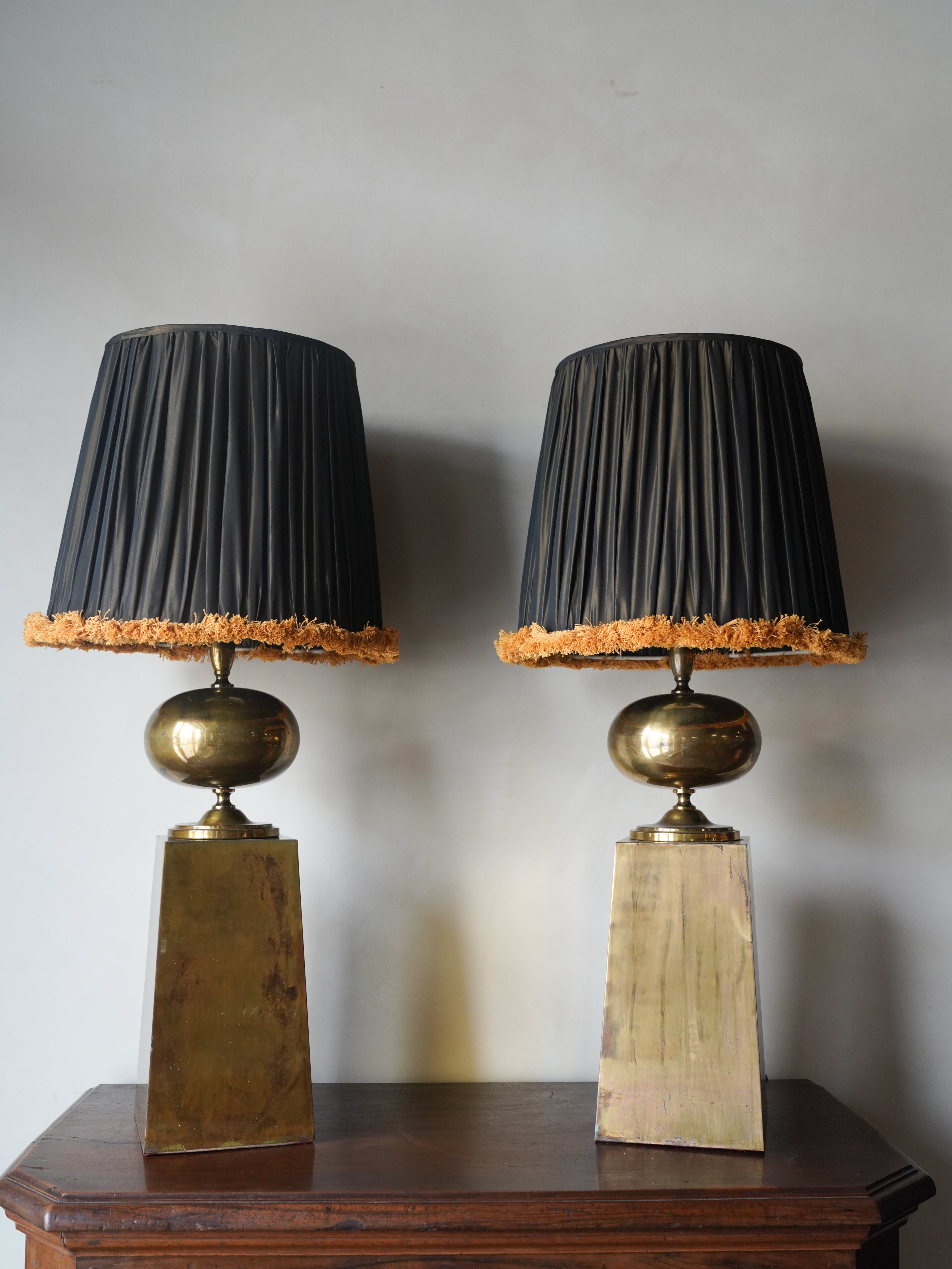 Vintage London Brass Lamps, Pair