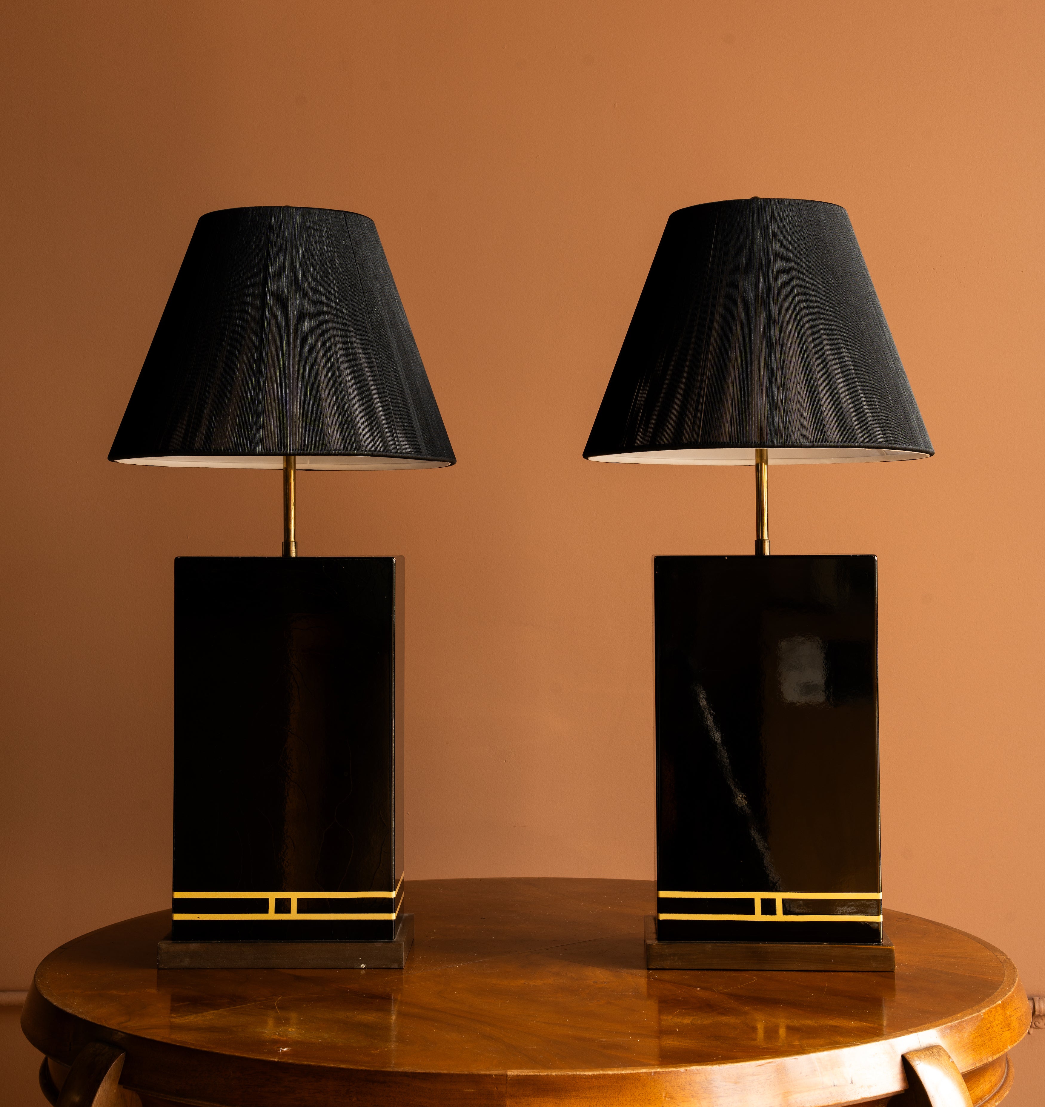 Vintage Black and Gold Lamps, Pair
