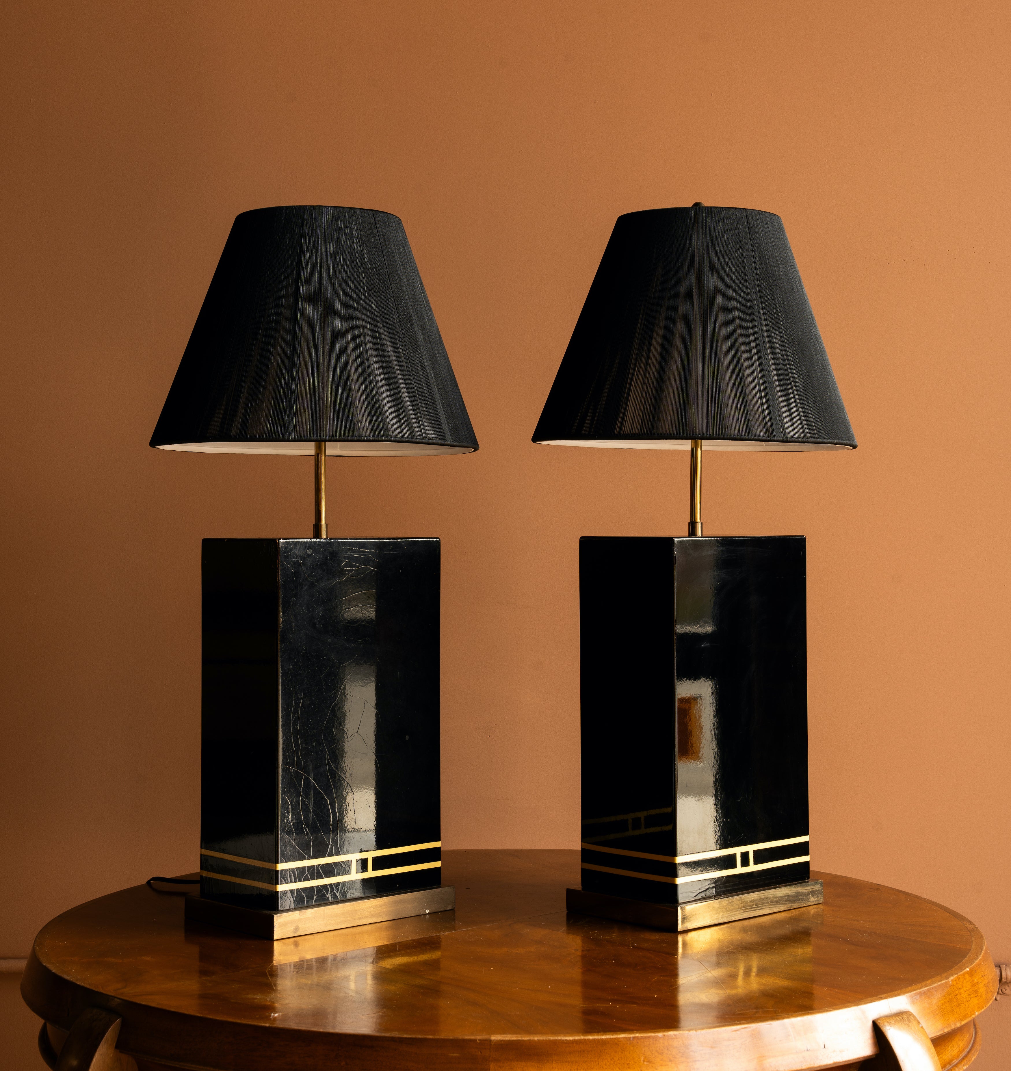 Vintage Black and Gold Lamps, Pair
