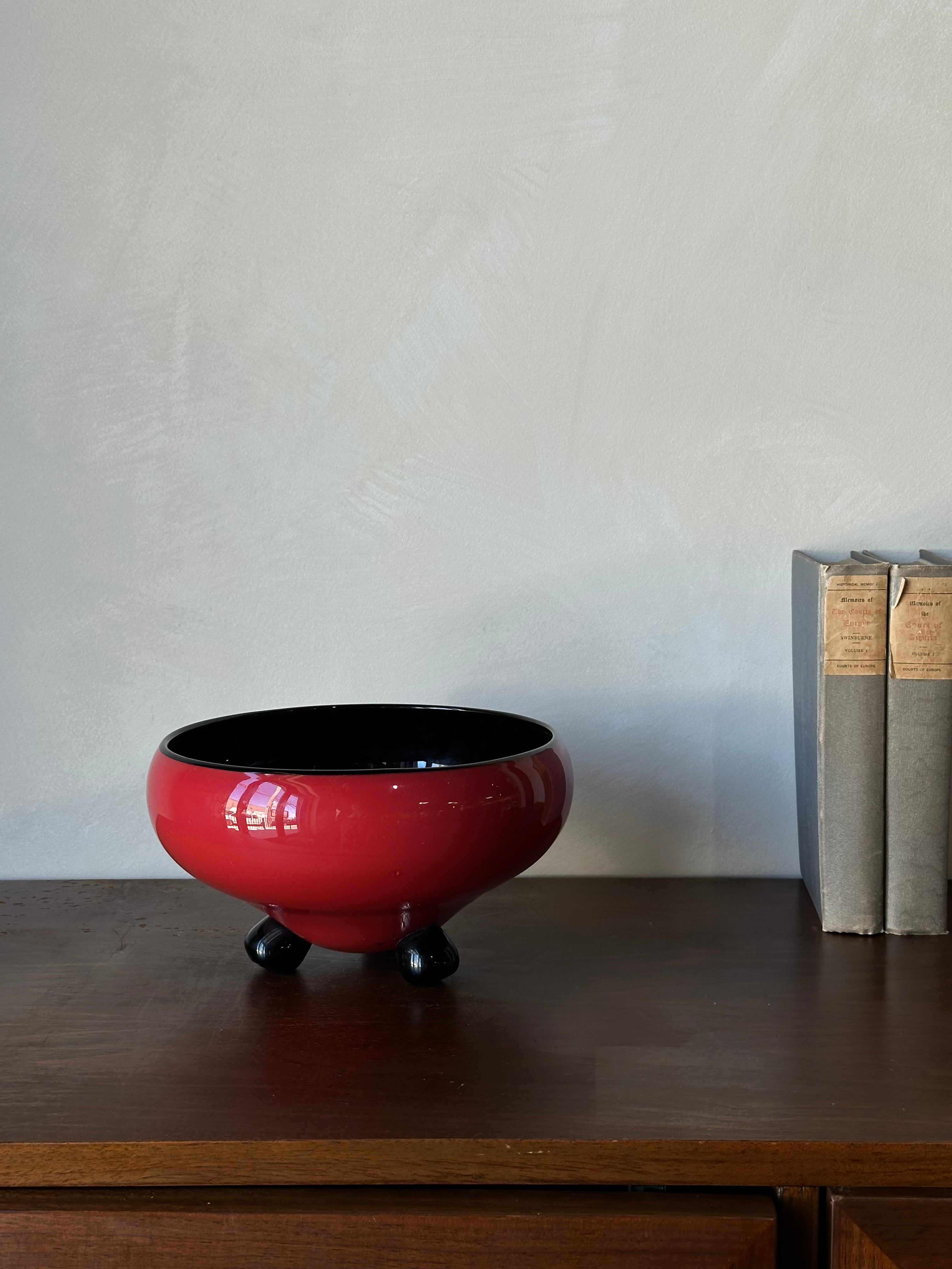 Art Deco Footed Red and Black Art Glass Bowl