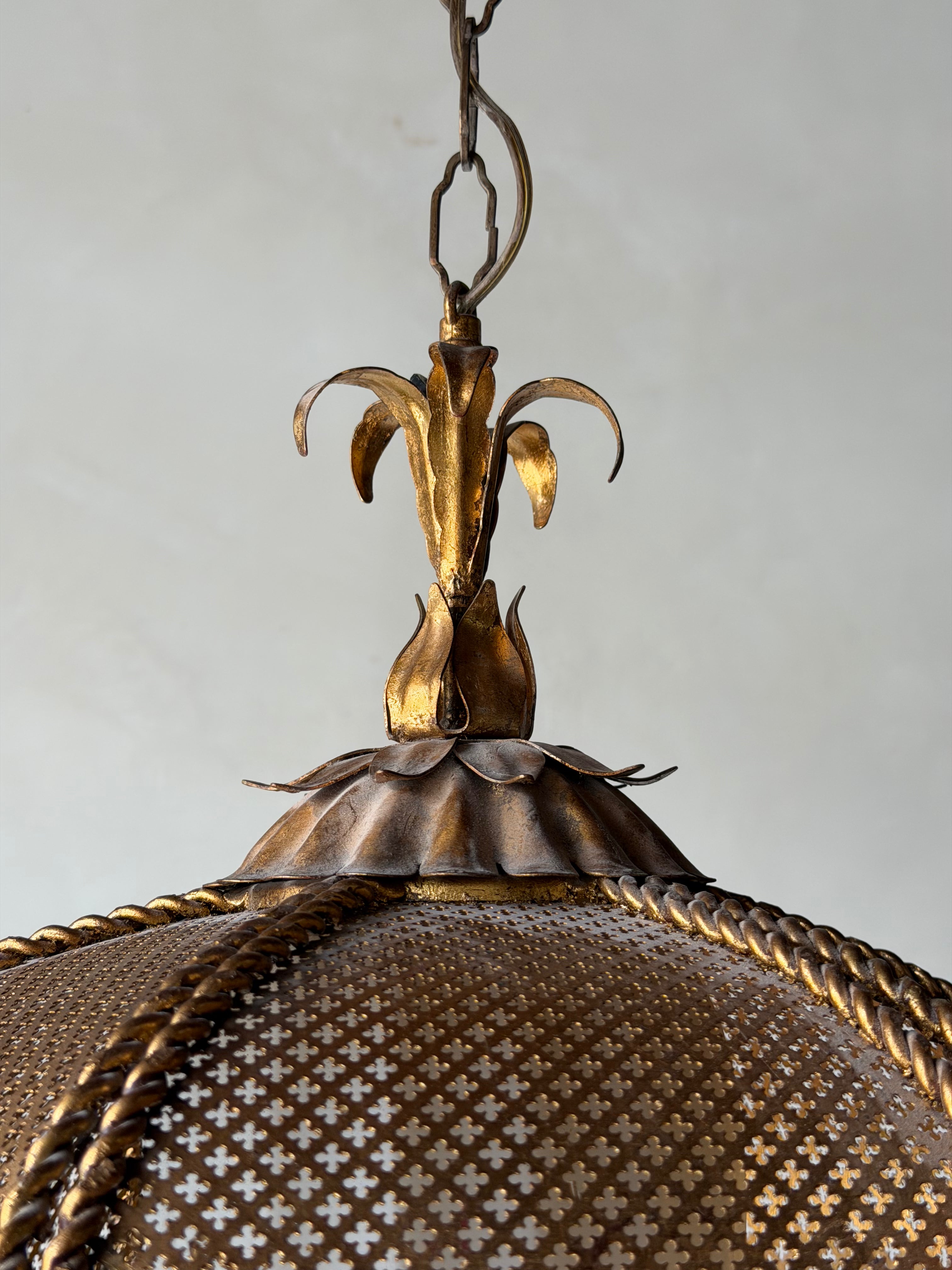 Vintage Gilt Brass Pierced Floral Pendant Lamp