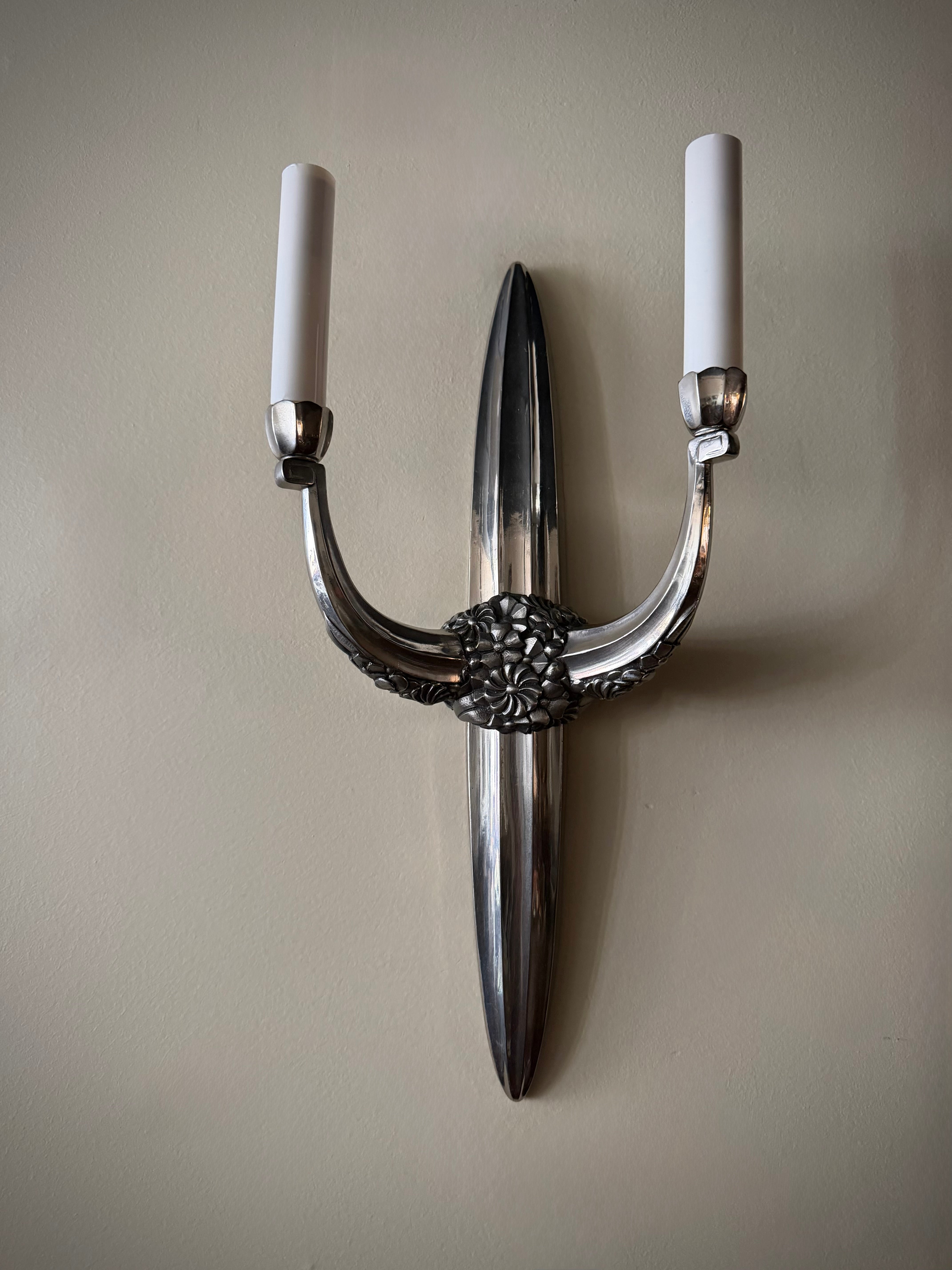 French Art Deco Silver Sconce, Pair