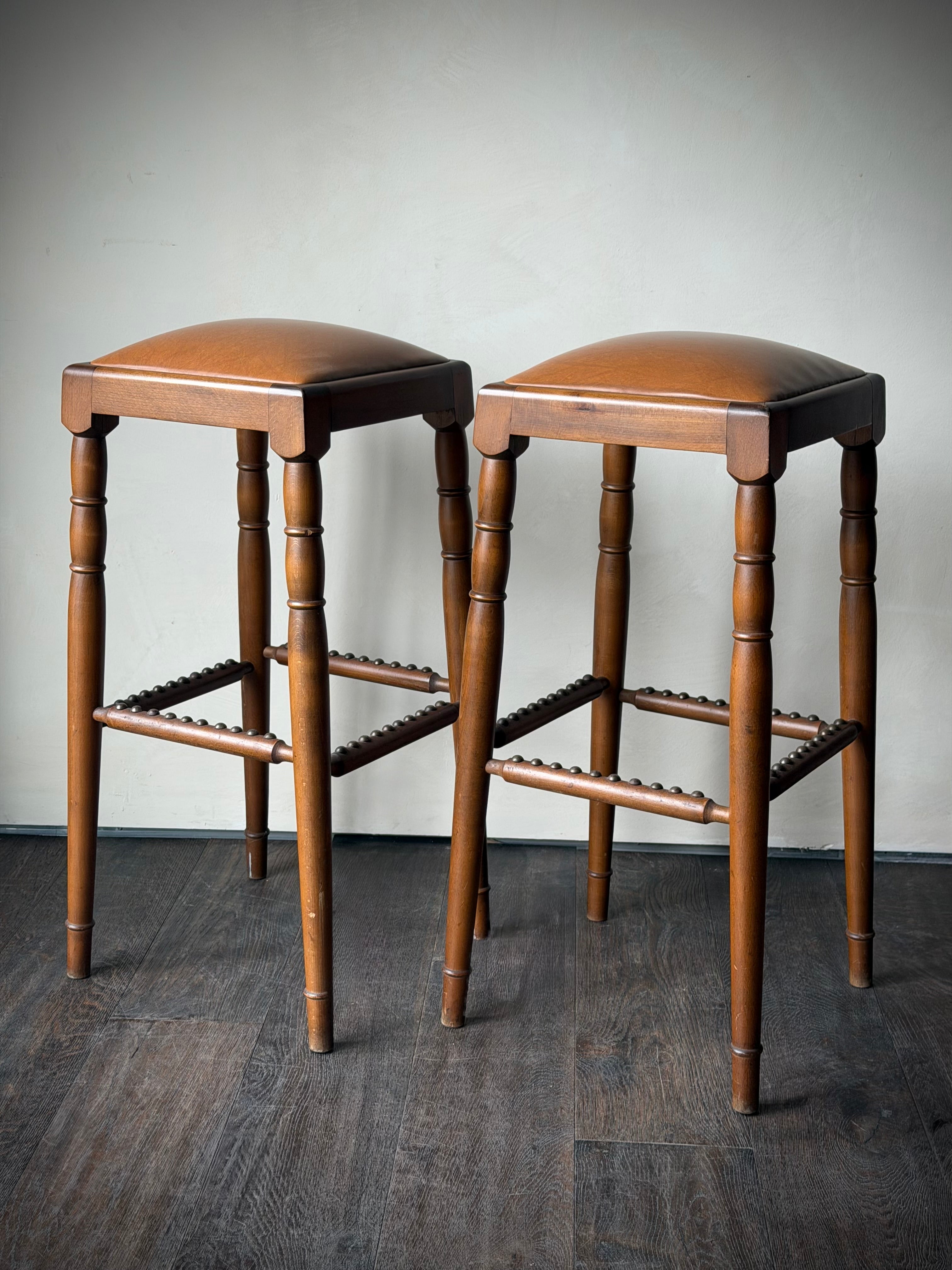 German Beech and Leather Bar Stools c. 1970s, Pair