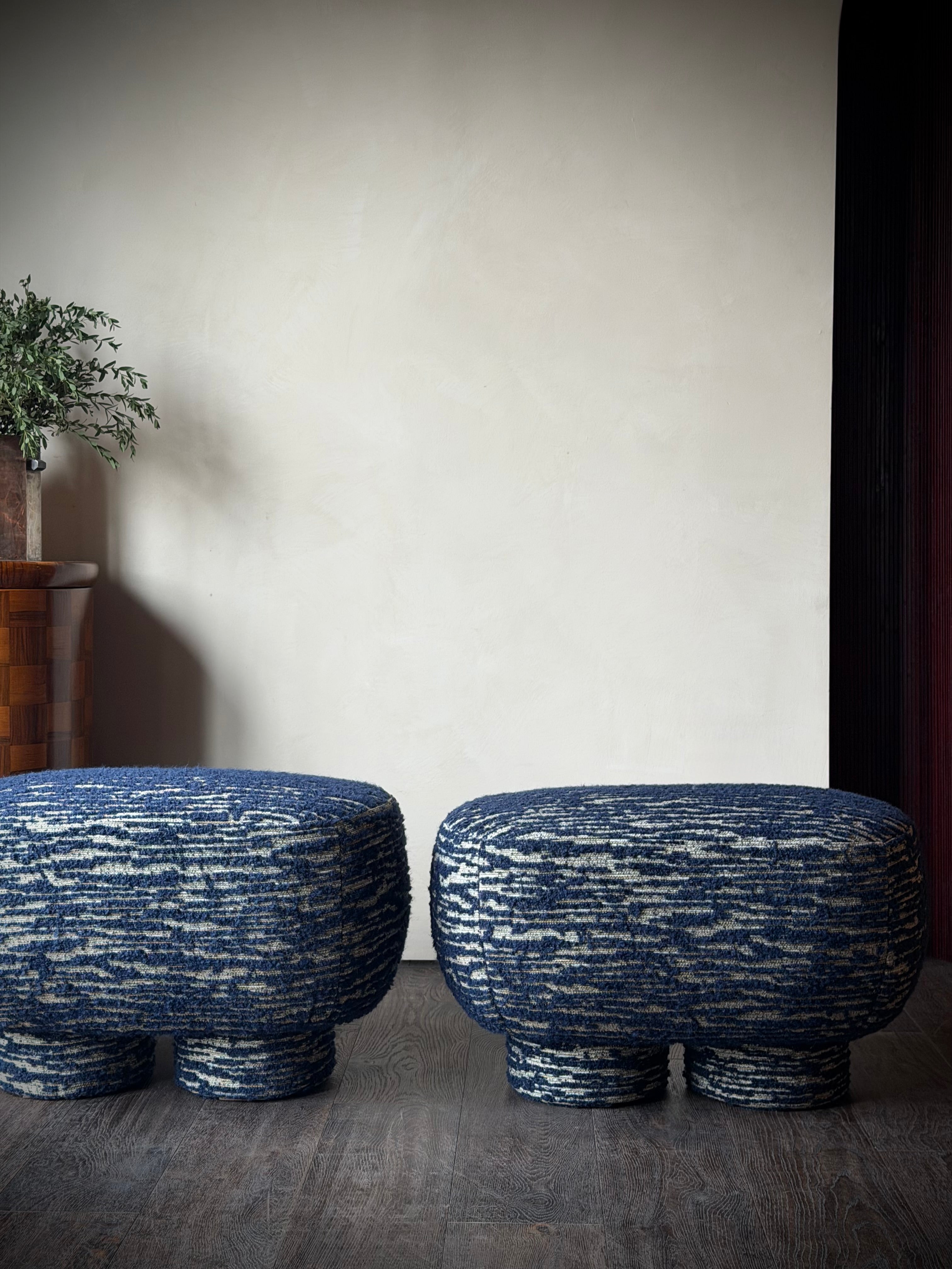 Upholstered Rounded Ottomans, Pair