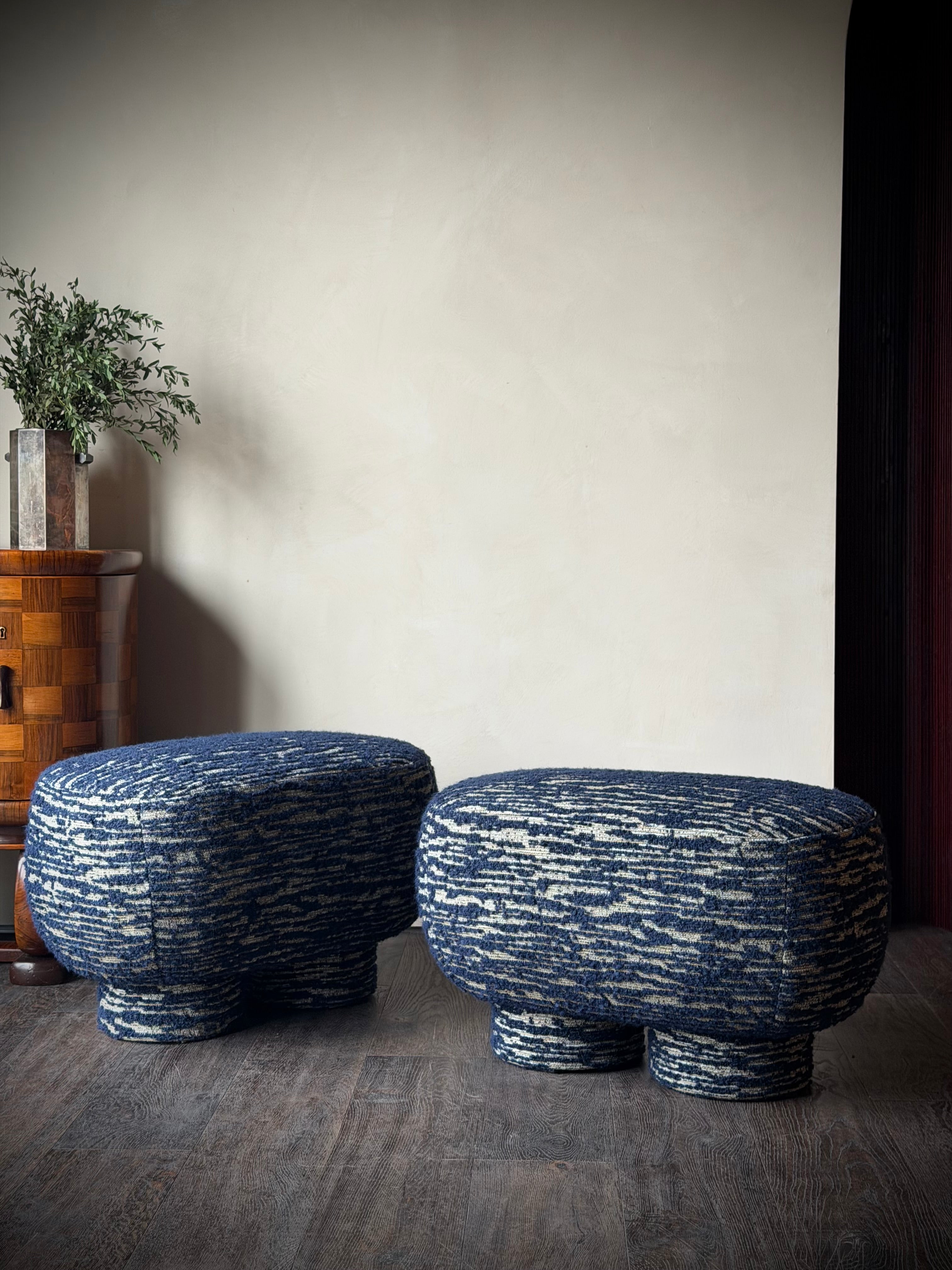 Upholstered Rounded Ottomans, Pair