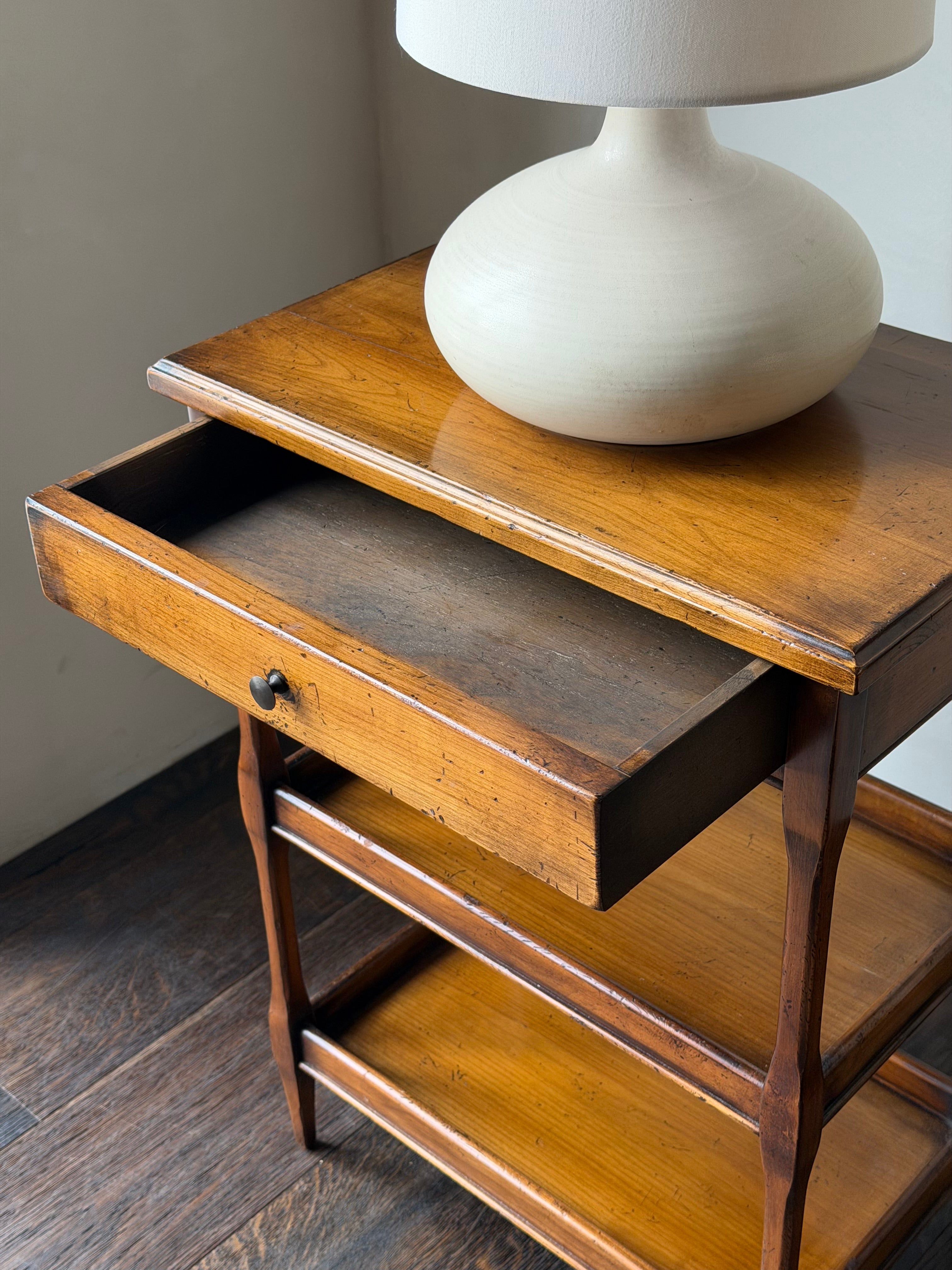 French Provincial Style Tiered Fruitwood End Tables, Pair