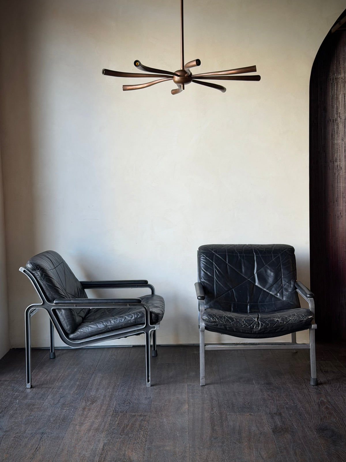 Pair of French Leather and Metal Armchairs, circa 1920s