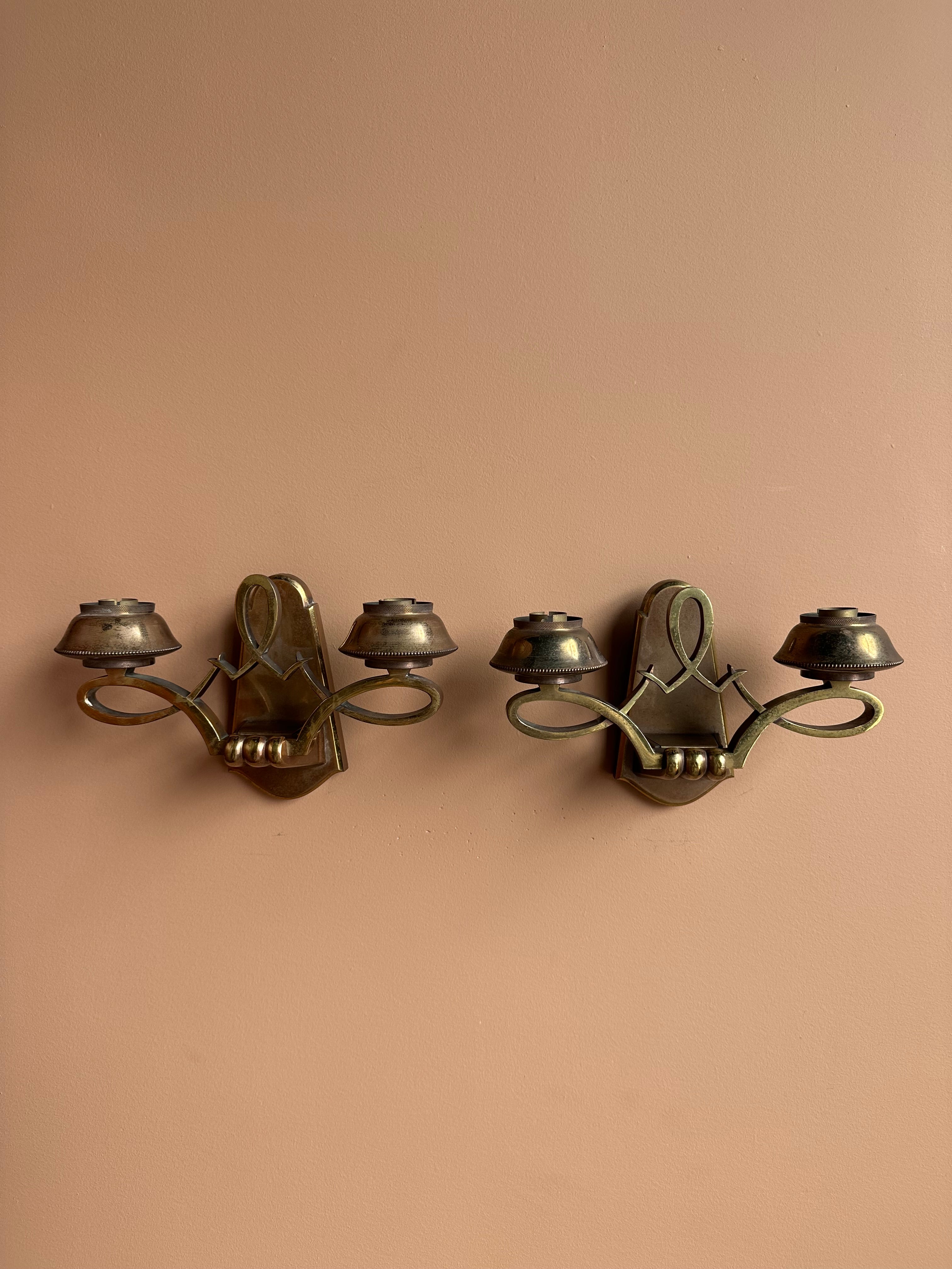Bronze Sconces in the Style of Jules Leleu, Pair