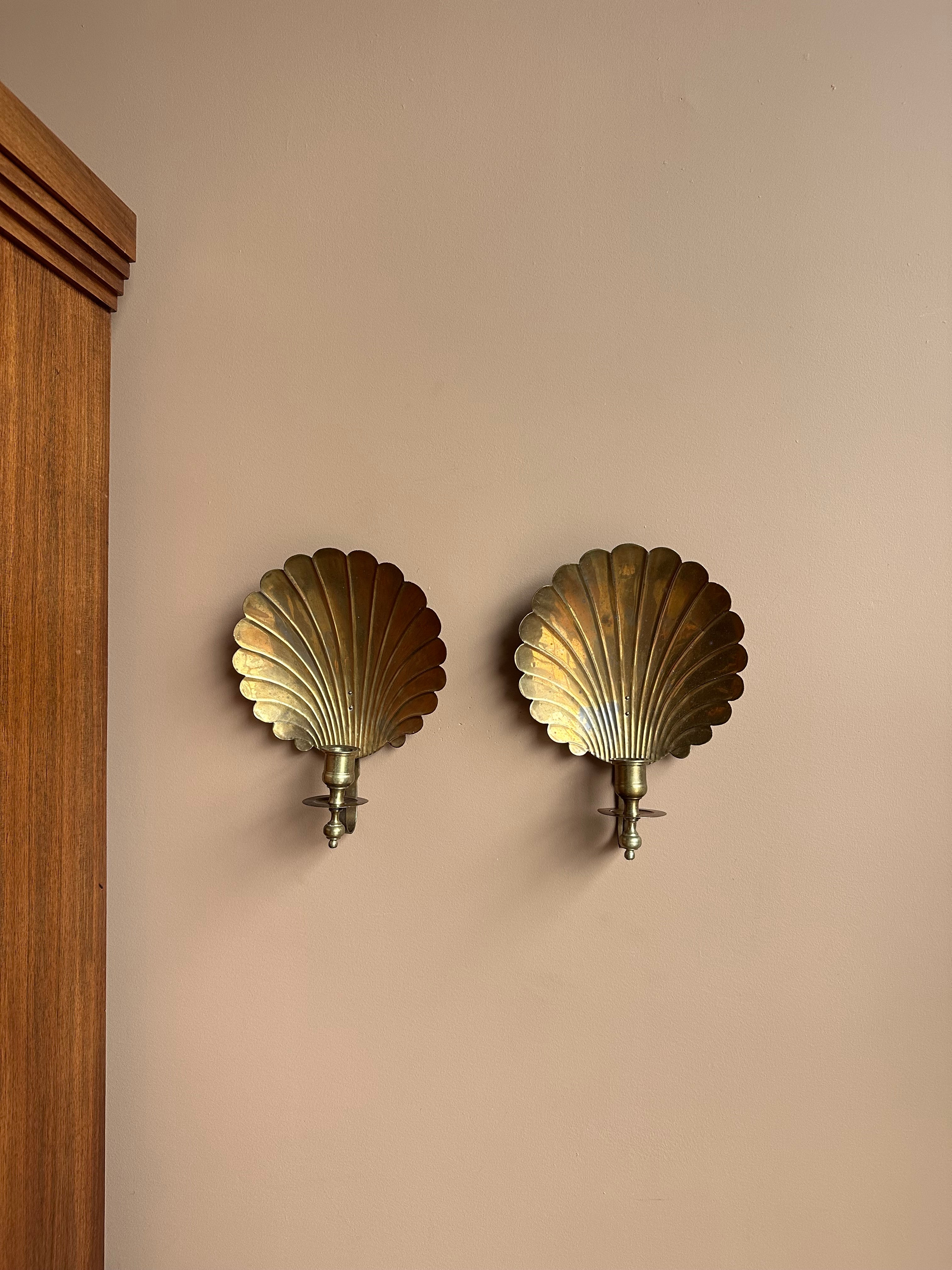Brass Shell Candle Sconces, Pair