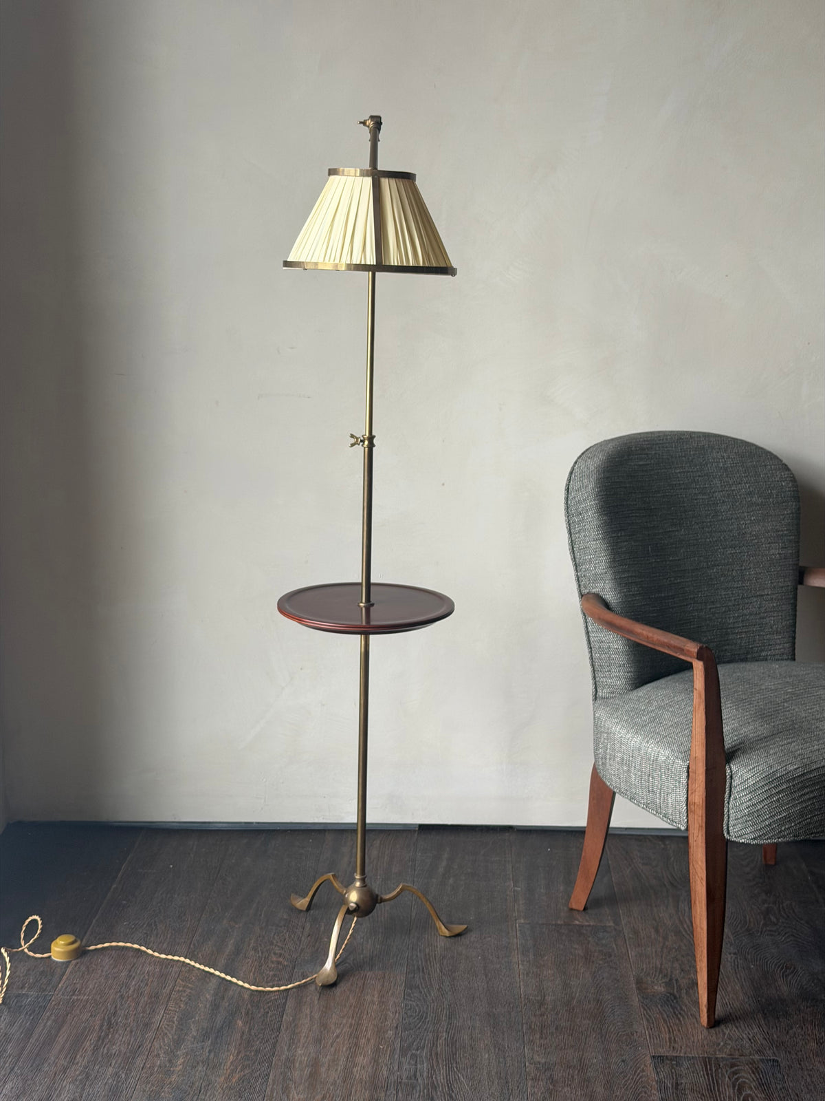 French Adjustable Brass Floor Lamp with Side Table