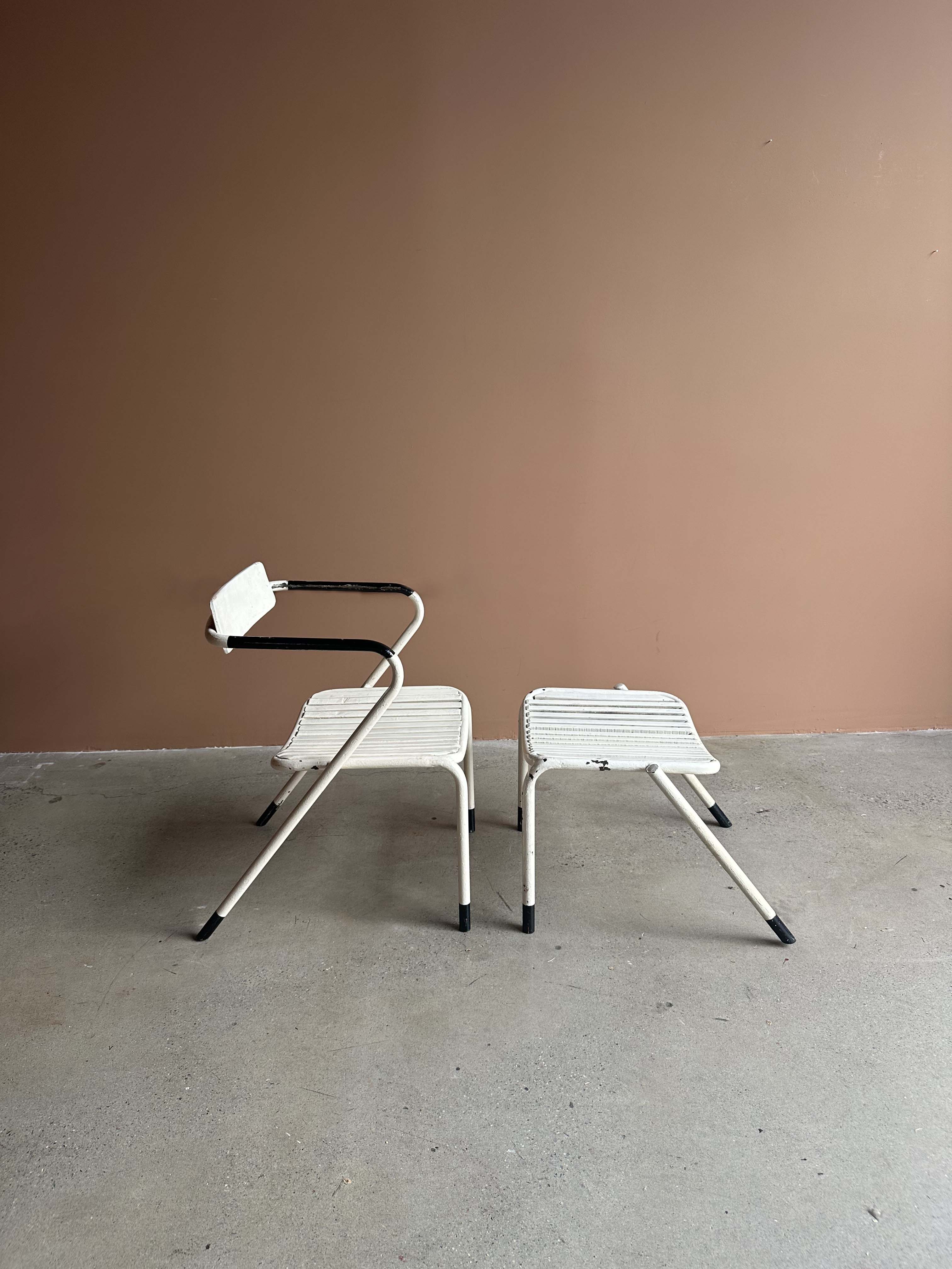 Painted Metal Chair with Stackable Stool, c. 1970