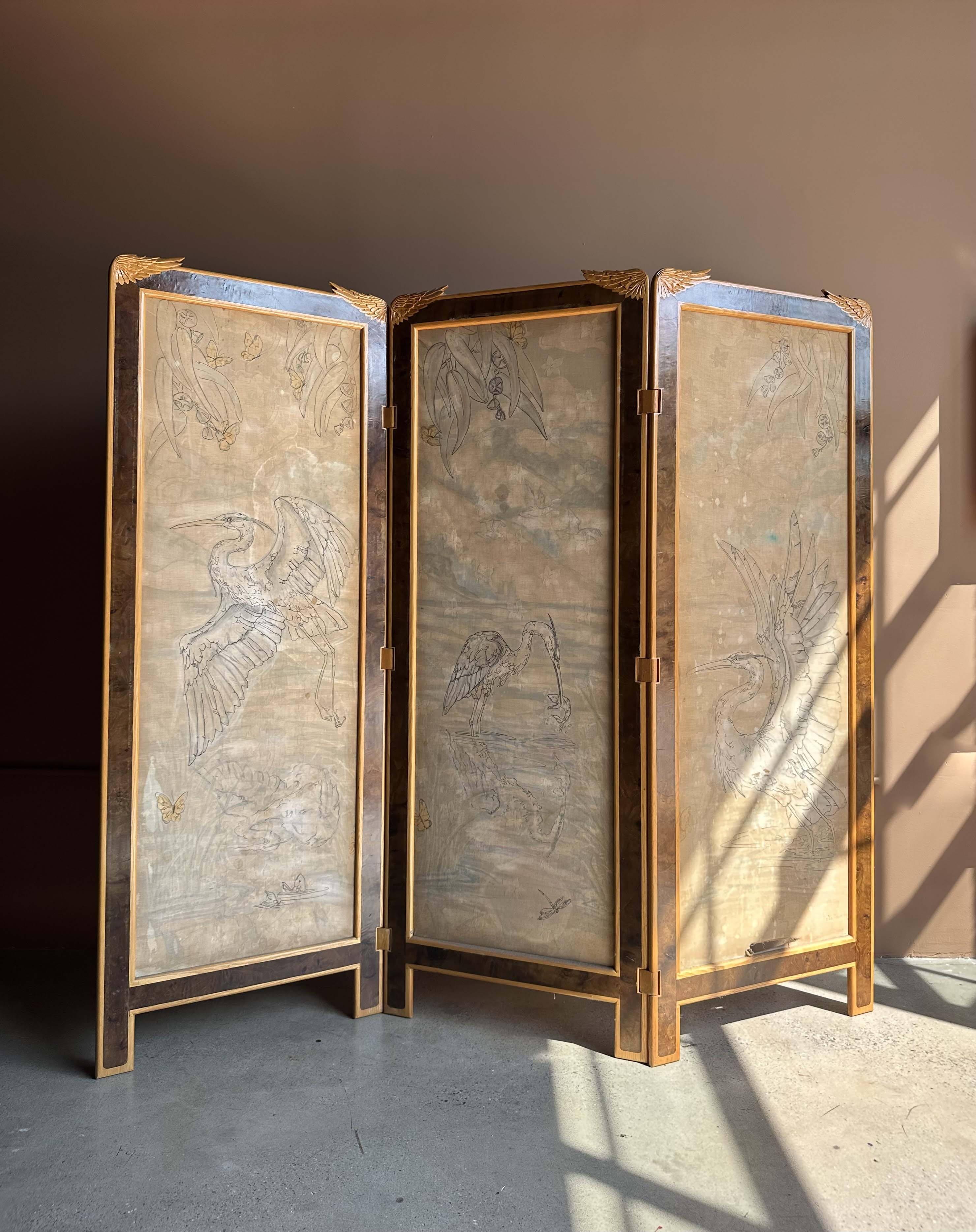 Hand-Painted Three-Panel Art Deco Screen with Bird Motif, c. 1940s