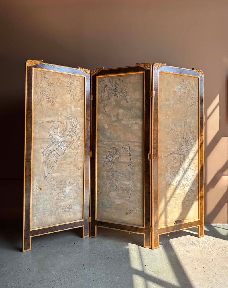 Hand-Painted Three-Panel Art Deco Screen with Bird Motif, c. 1940s