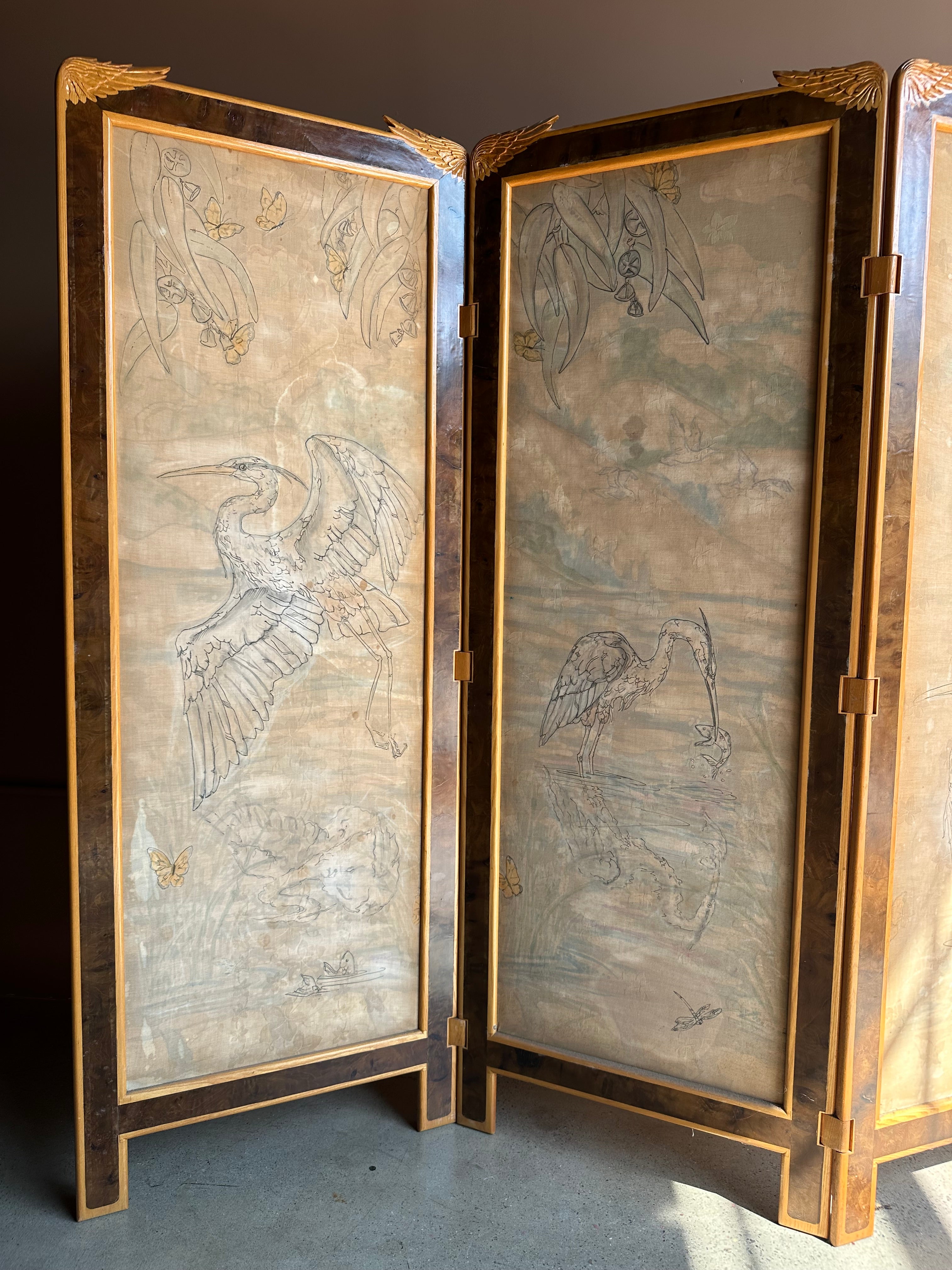 Hand-Painted Three-Panel Art Deco Screen with Bird Motif, c. 1940s