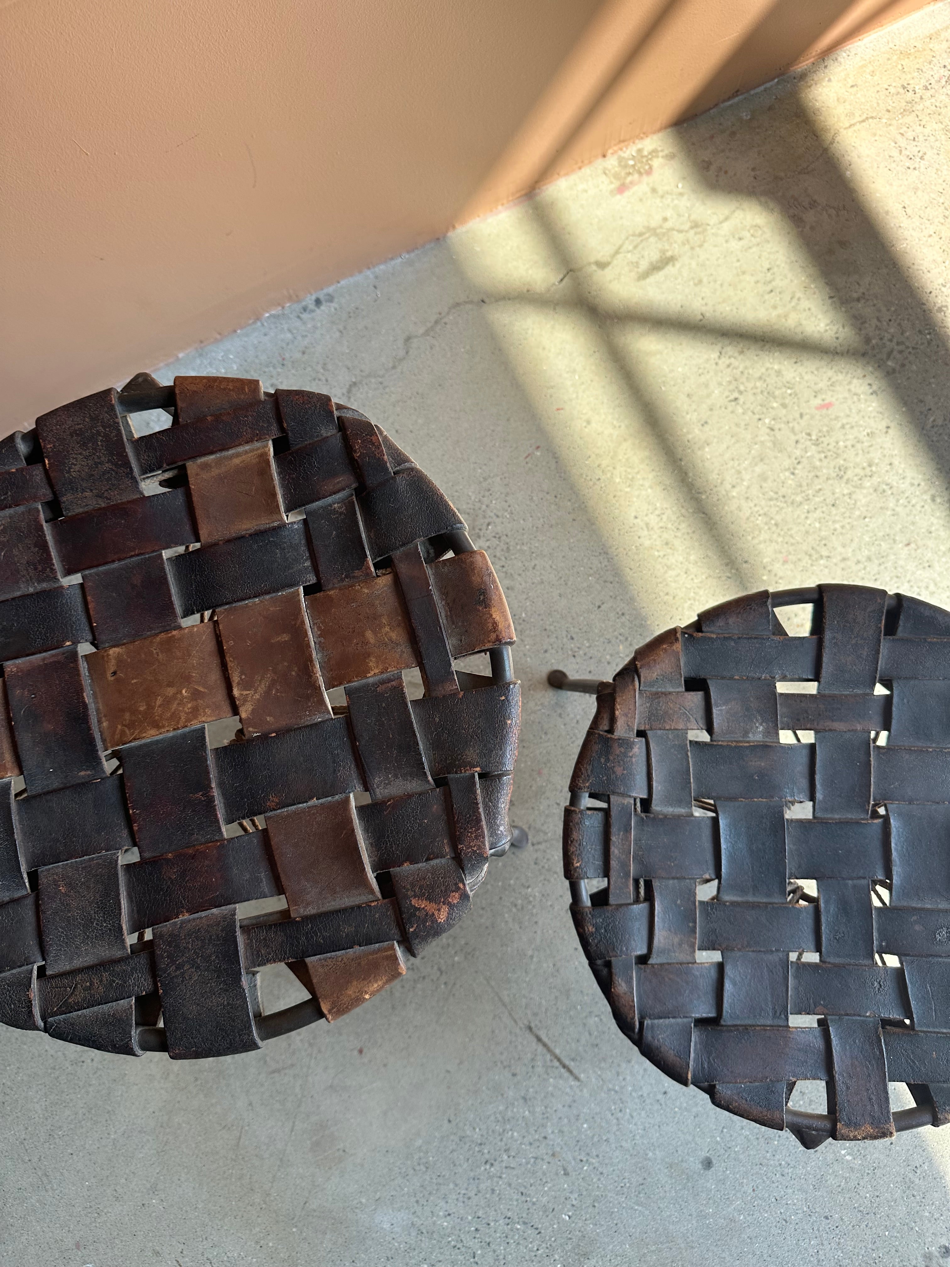 Swift and Monell Woven Leather Iron Stools, Pair