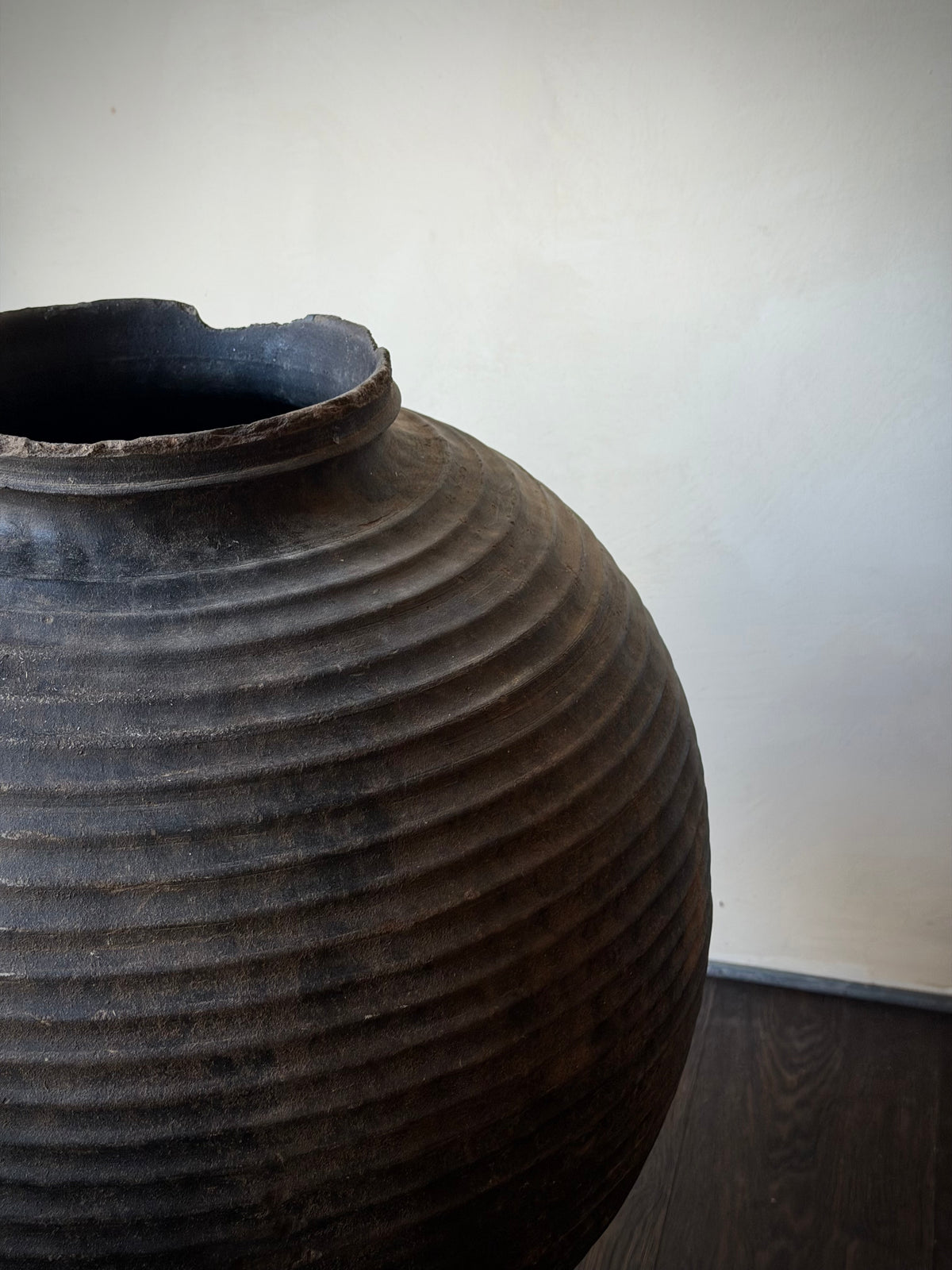 Antique Ribbed Smoke-Fired Terracotta Jar, Large