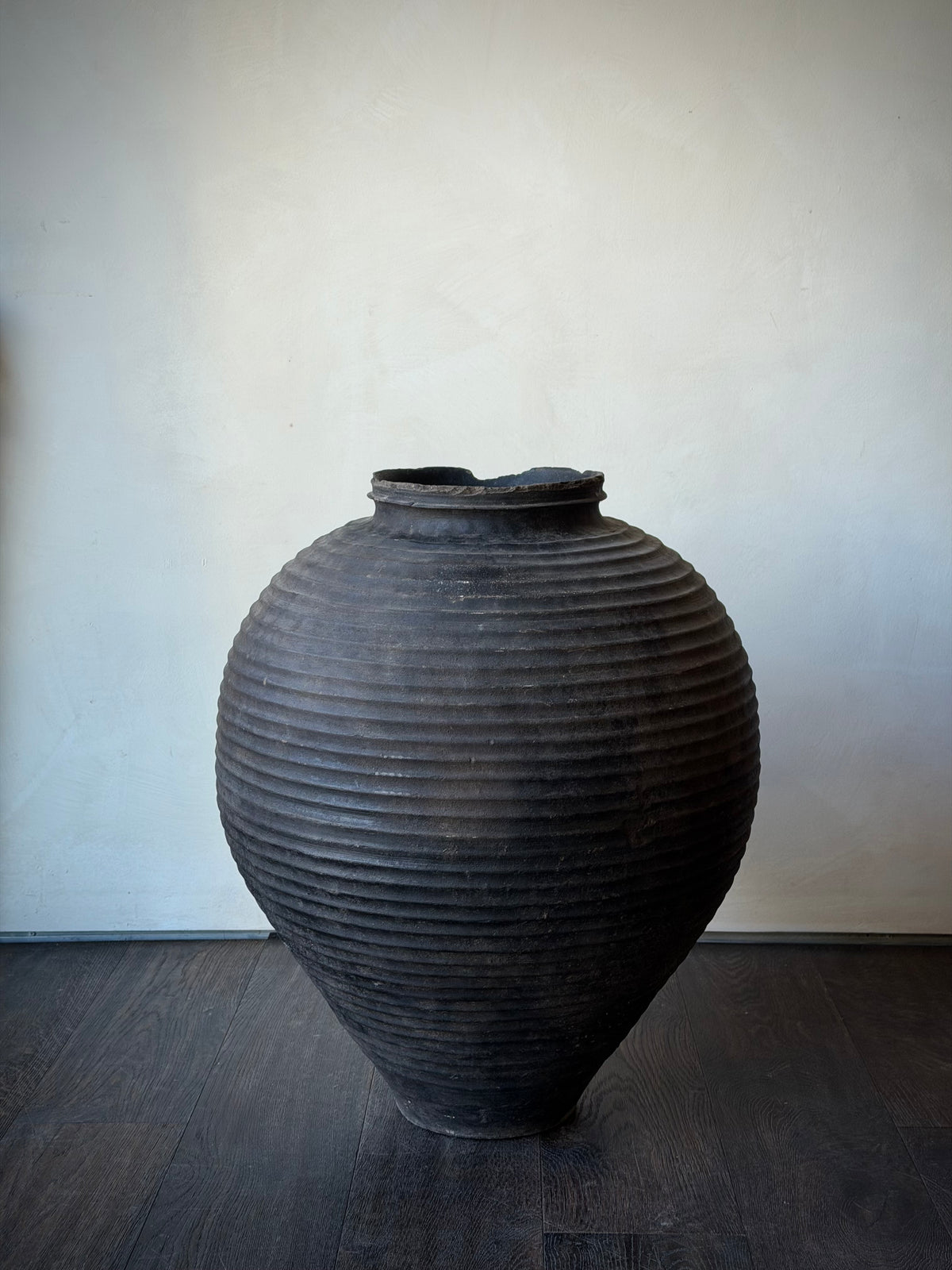 Antique Ribbed Smoke-Fired Terracotta Jar, Large