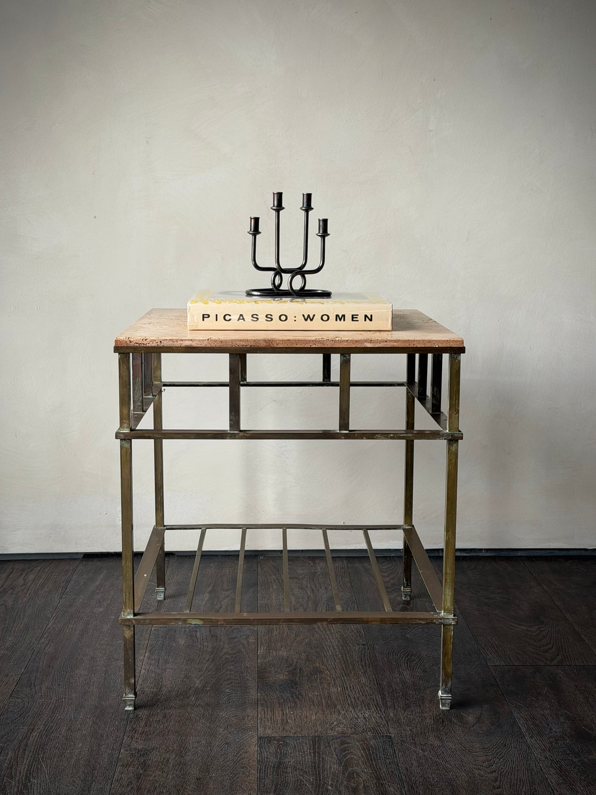 French Travertine and Brass End Table