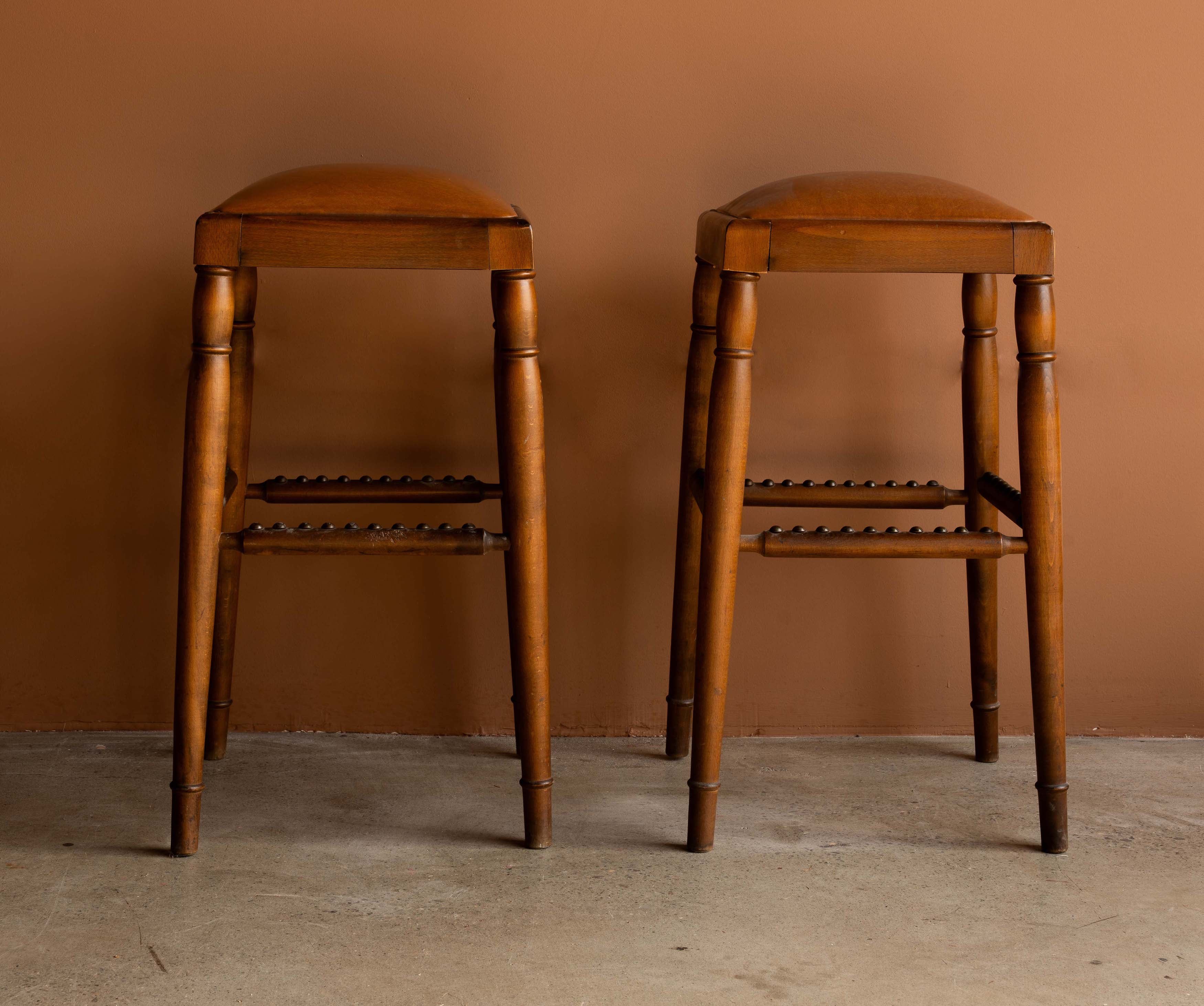 German Beech and Leather Counter Stools c. 1970s, Pair