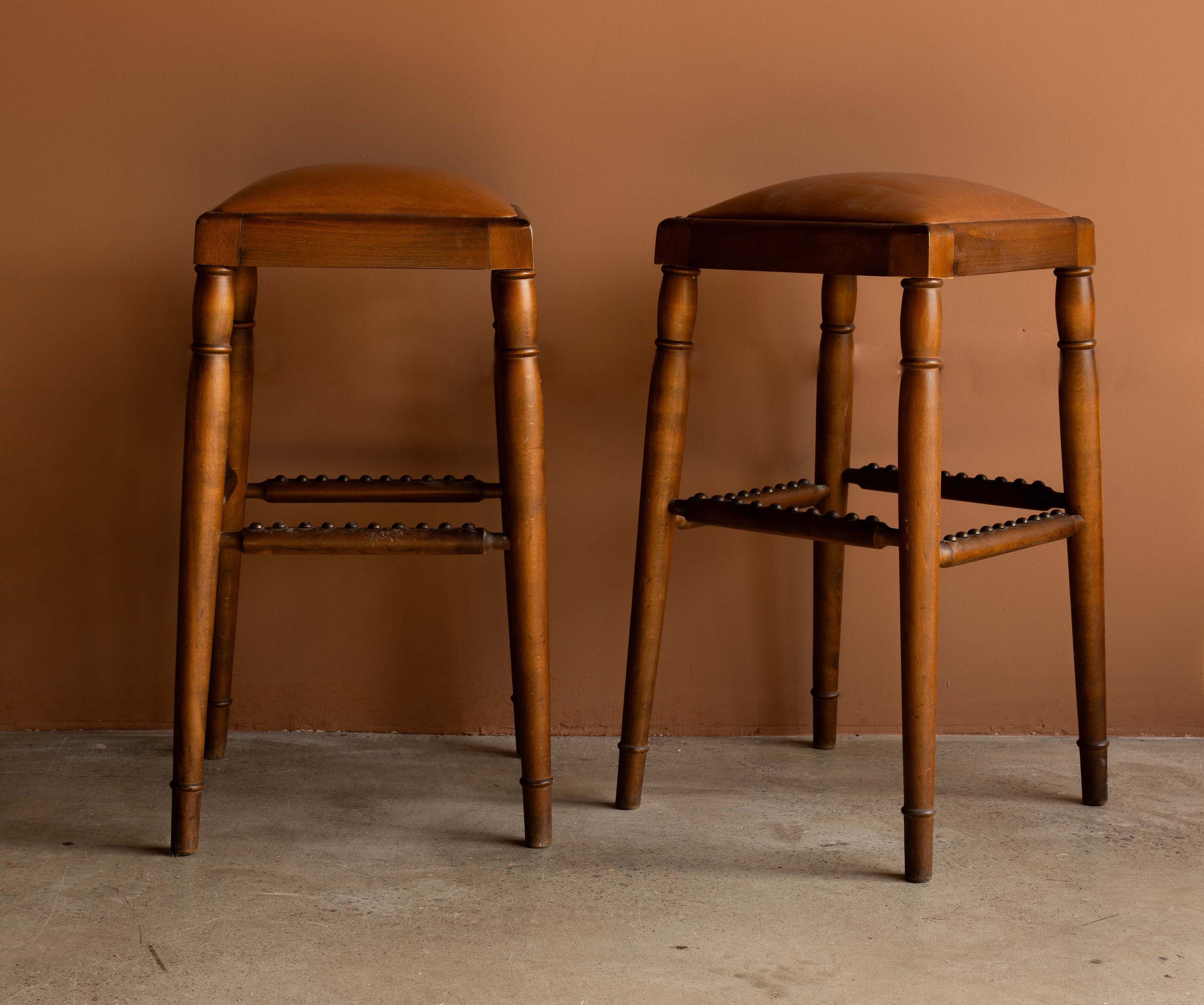 German Beech and Leather Counter Stools c. 1970s, Pair