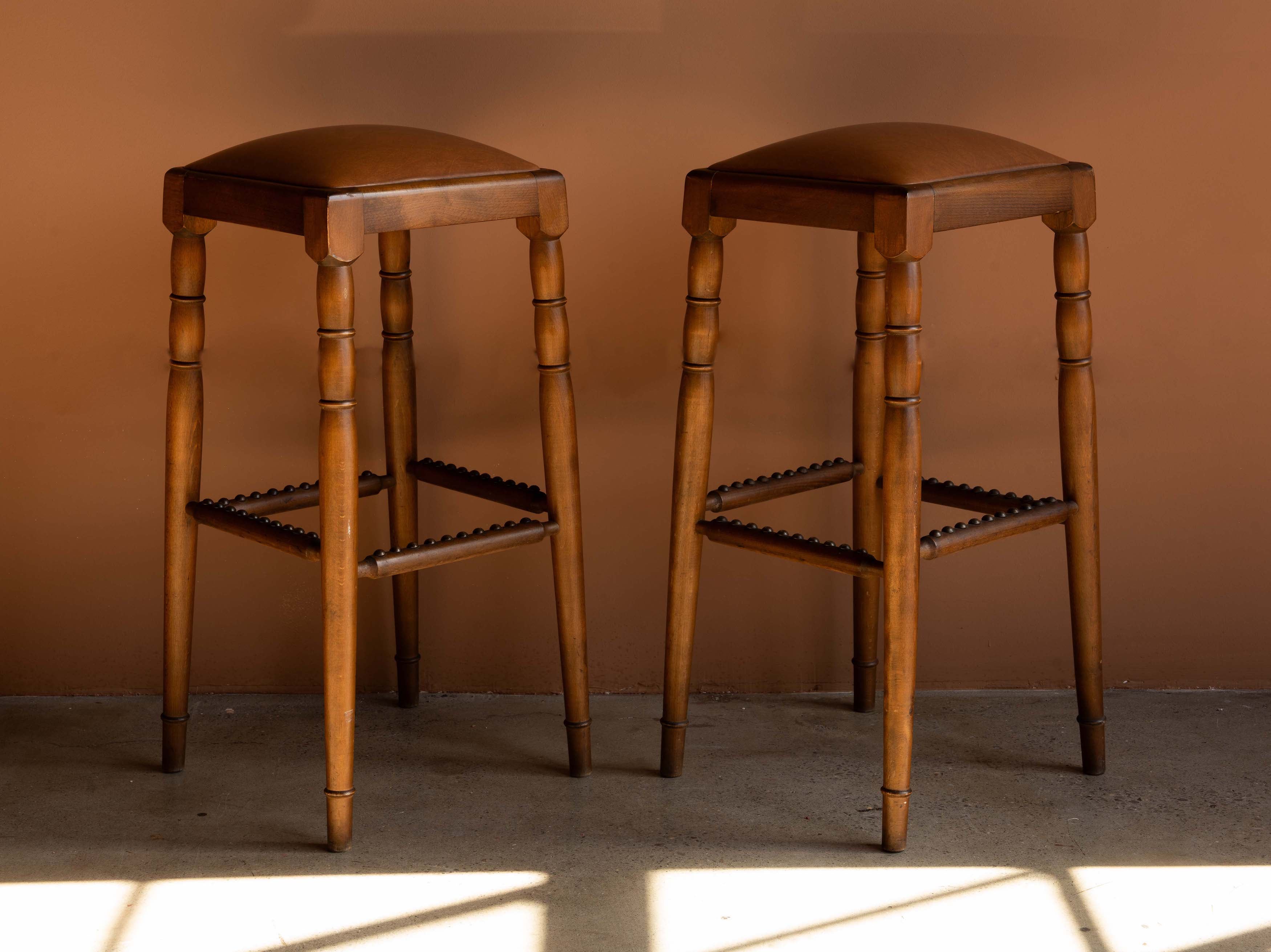 German Beech and Leather Bar Stools c. 1970s, Pair