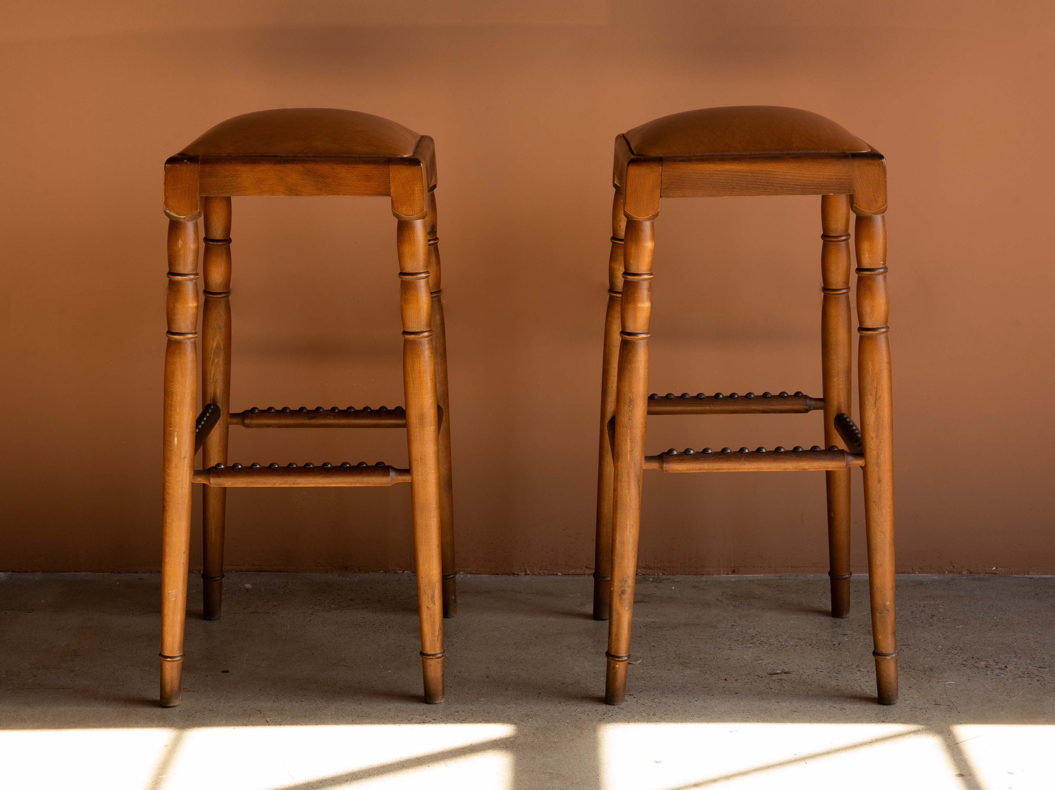 German Beech and Leather Bar Stools c. 1970s, Pair