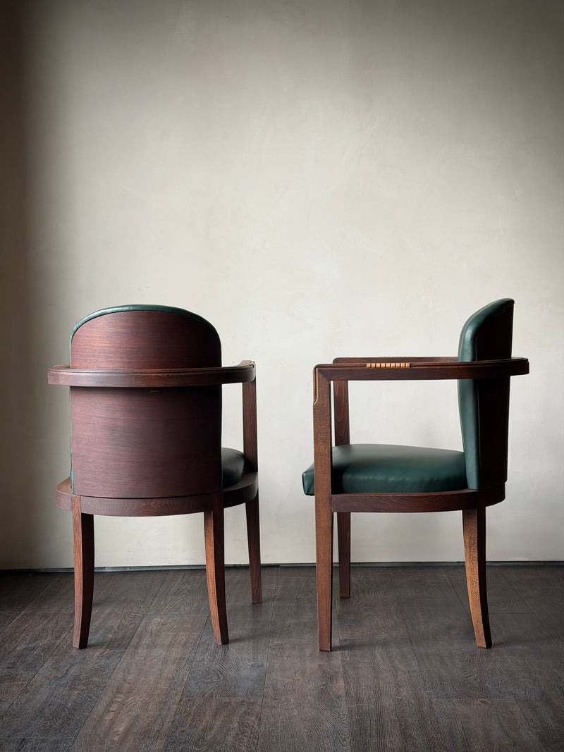 Art Deco Leather and Oak Armchairs, Pair