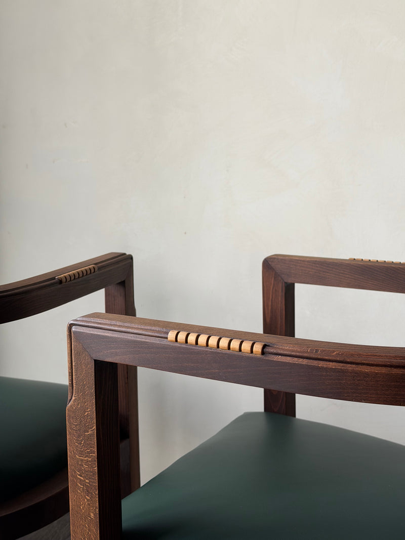 Art Deco Leather and Oak Armchairs, Pair