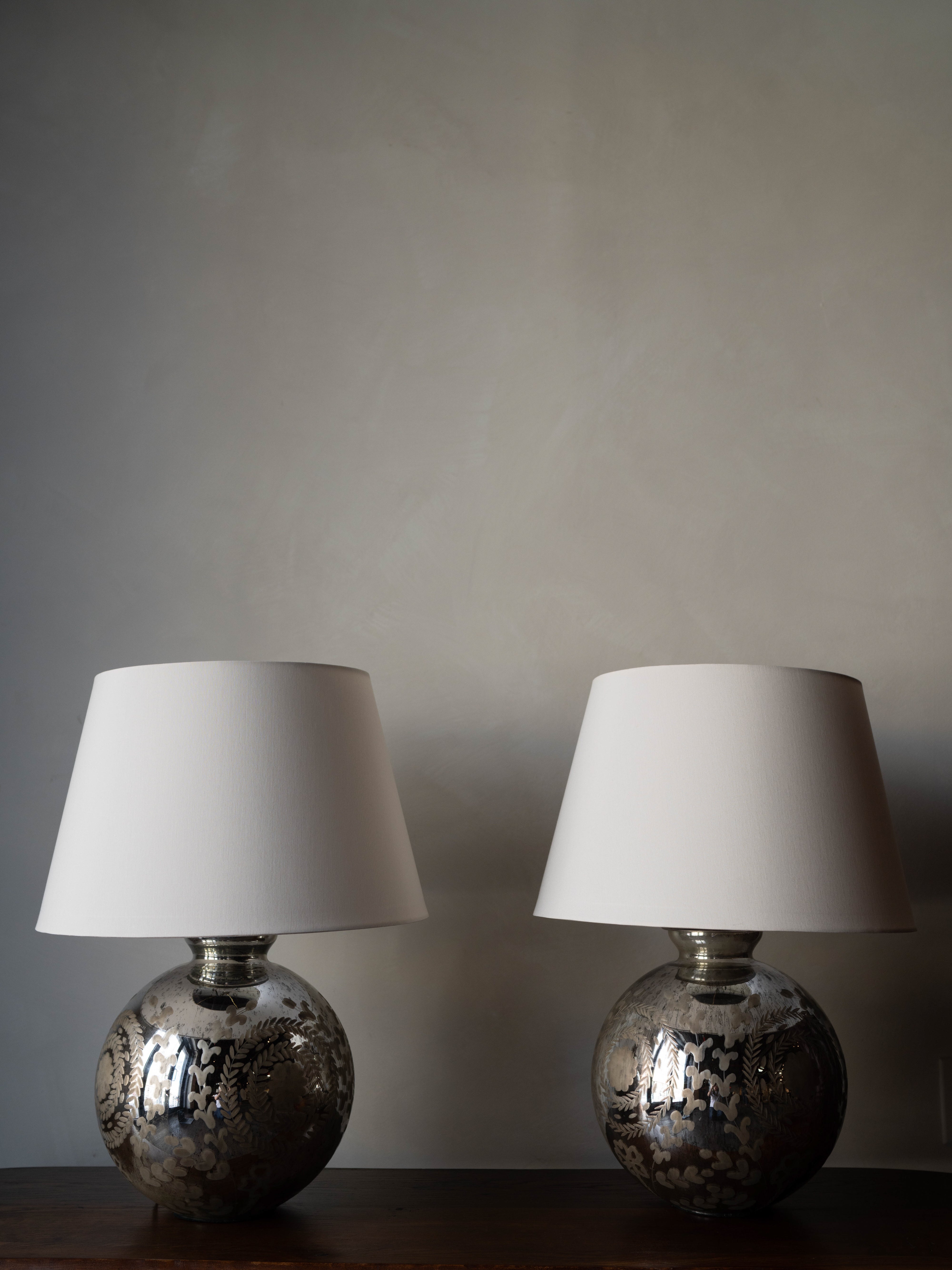 Floral Mercury Glass Lamps, Pair