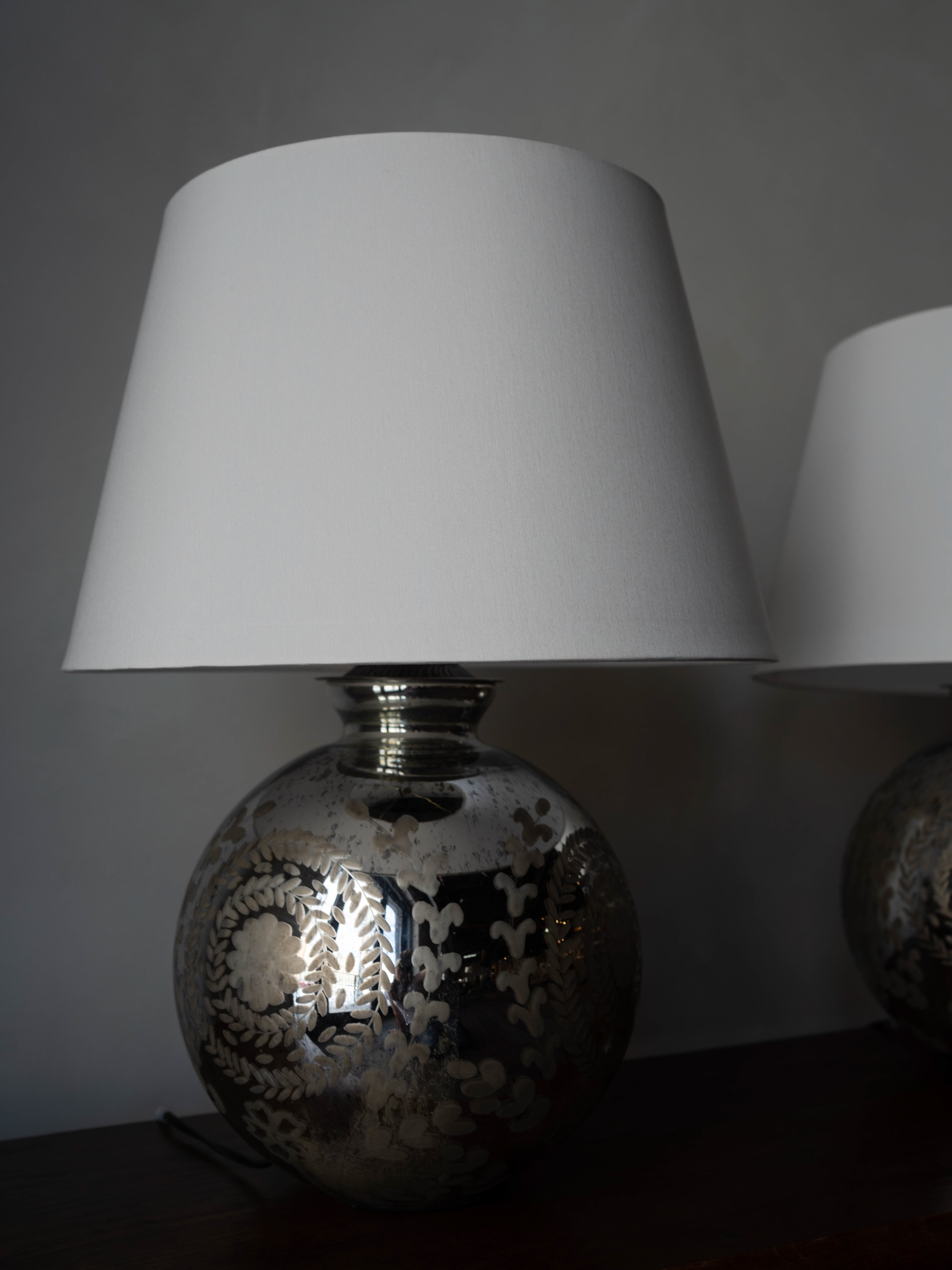 Floral Mercury Glass Lamps, Pair