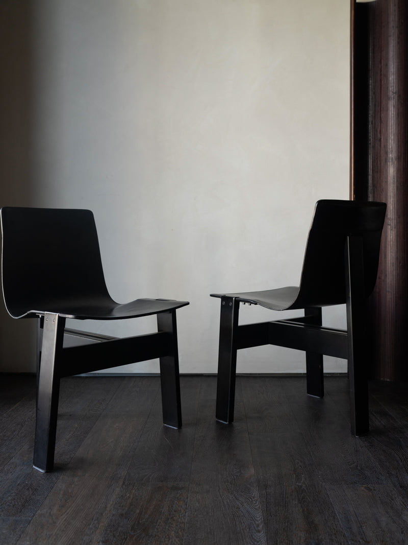 Set of 6 Angelo Mangiarotti Italian Leather and Wood Dining Chairs
