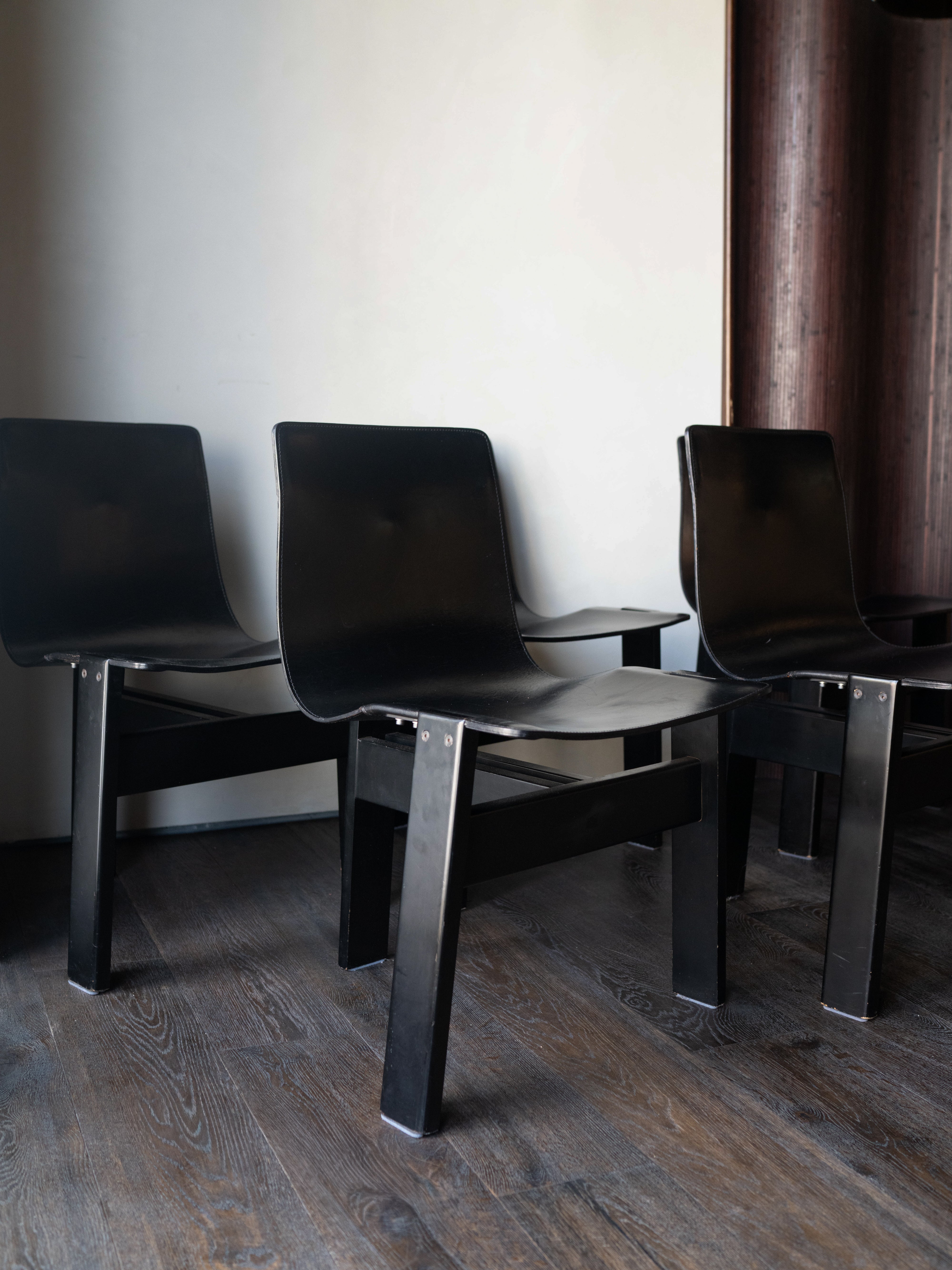 Set of 6 Angelo Mangiarotti Italian Leather and Wood Dining Chairs