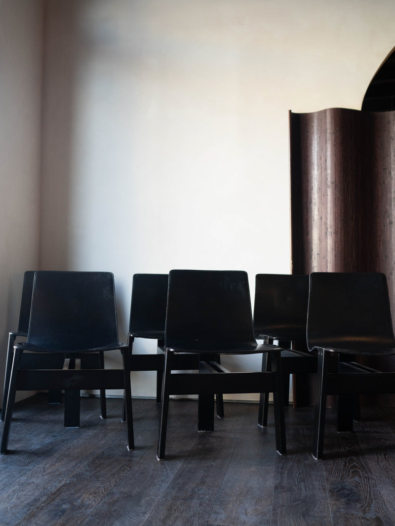 Set of 6 Angelo Mangiarotti Italian Leather and Wood Dining Chairs