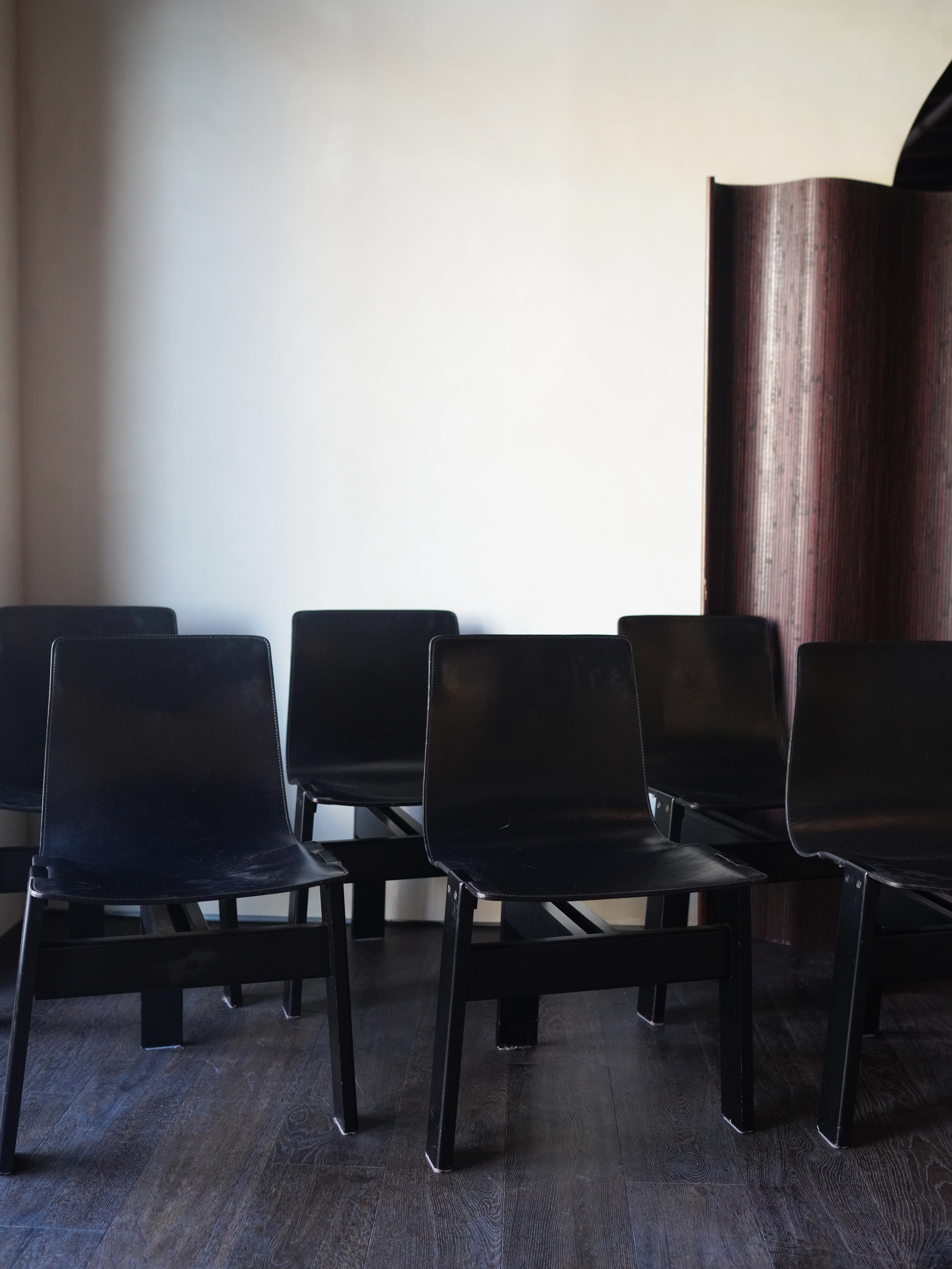 Set of 6 Angelo Mangiarotti Italian Leather and Wood Dining Chairs