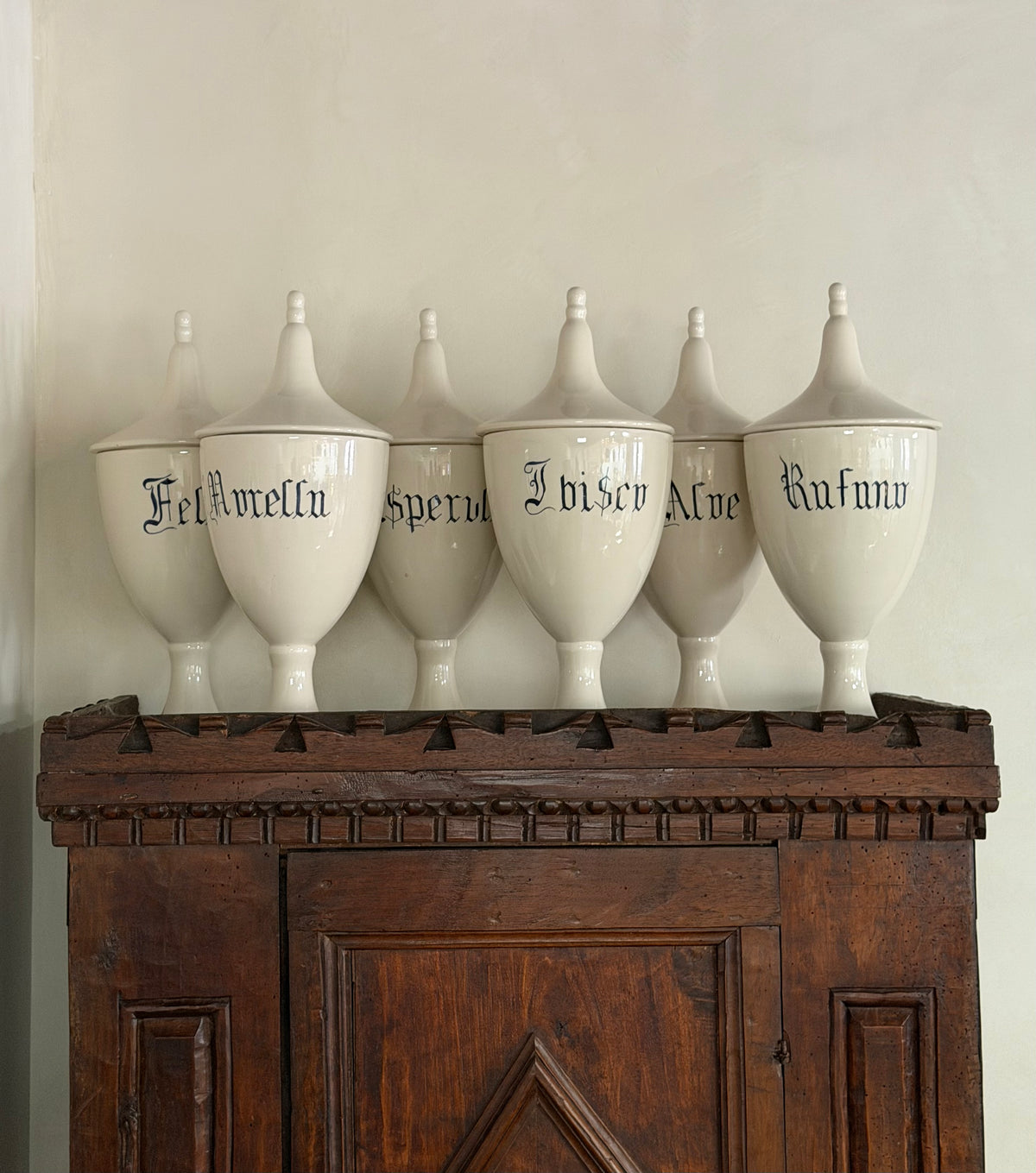 Set of 6 Antique Italian Ceramic Apothecary Jars