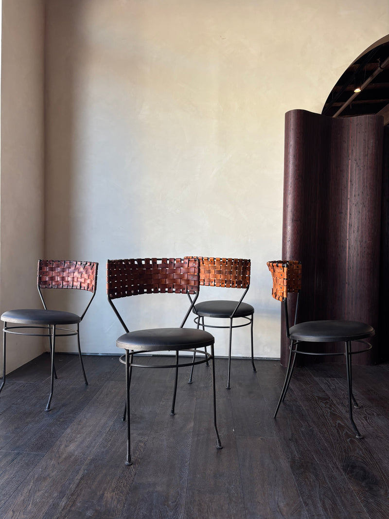 Vintage Leather Woven Black Chairs, Set of 4